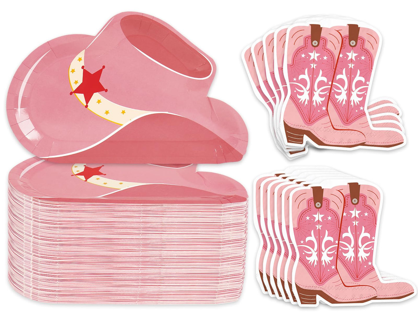 Whaline 90Pcs Pink Western Cowgirl Party Supplies Cowgirl Hat Plates Boot Print Napkins for Birthday Bachelorette Last Rodeo Party, Serves 40