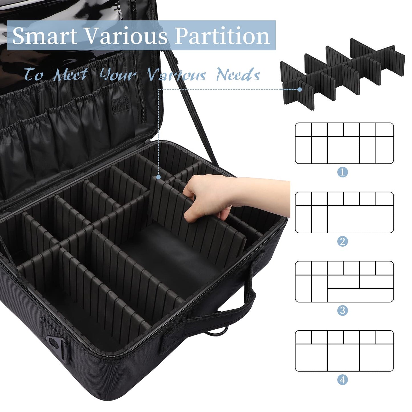 GZCZ Travel Makeup Bag,3 Layers Large Capacity Professional Makeup Train Case Cosmetic Organizer Bag Portable Artist Storage Bag 16.5 inches with Adjustable Dividers and Shoulder Strap（Black Large）