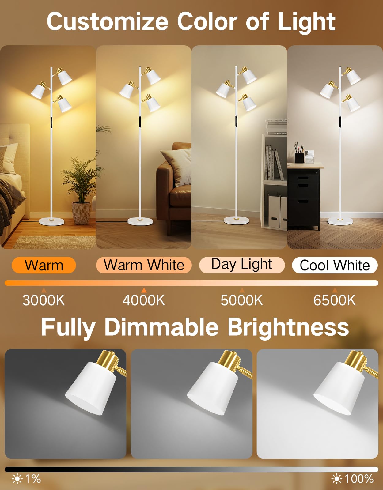 OUTON Tree Floor Lamp, LED Dimmable Floor Lamp with Remote And Touch Slide Control, 4 Color Temperatures, 3 Rotatable Lights, Modern Standing Lamp for Living Room Bedroom Office, Bulbs Included, White