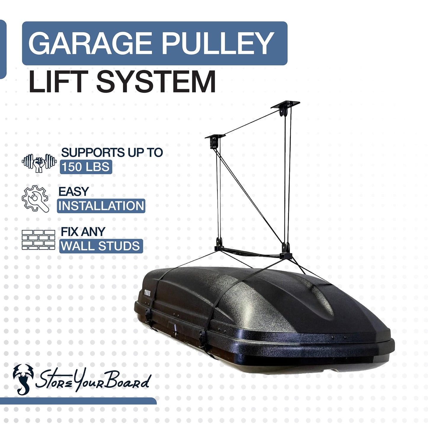 StoreYourBoard Cargo Box Ceiling Hoist – Heavy-Duty Garage Pulley Lift System for Rooftop Carriers, Fits 8–10 ft Ceilings, Cargo Box Storage, Garage Organization, Holds 150 lbs