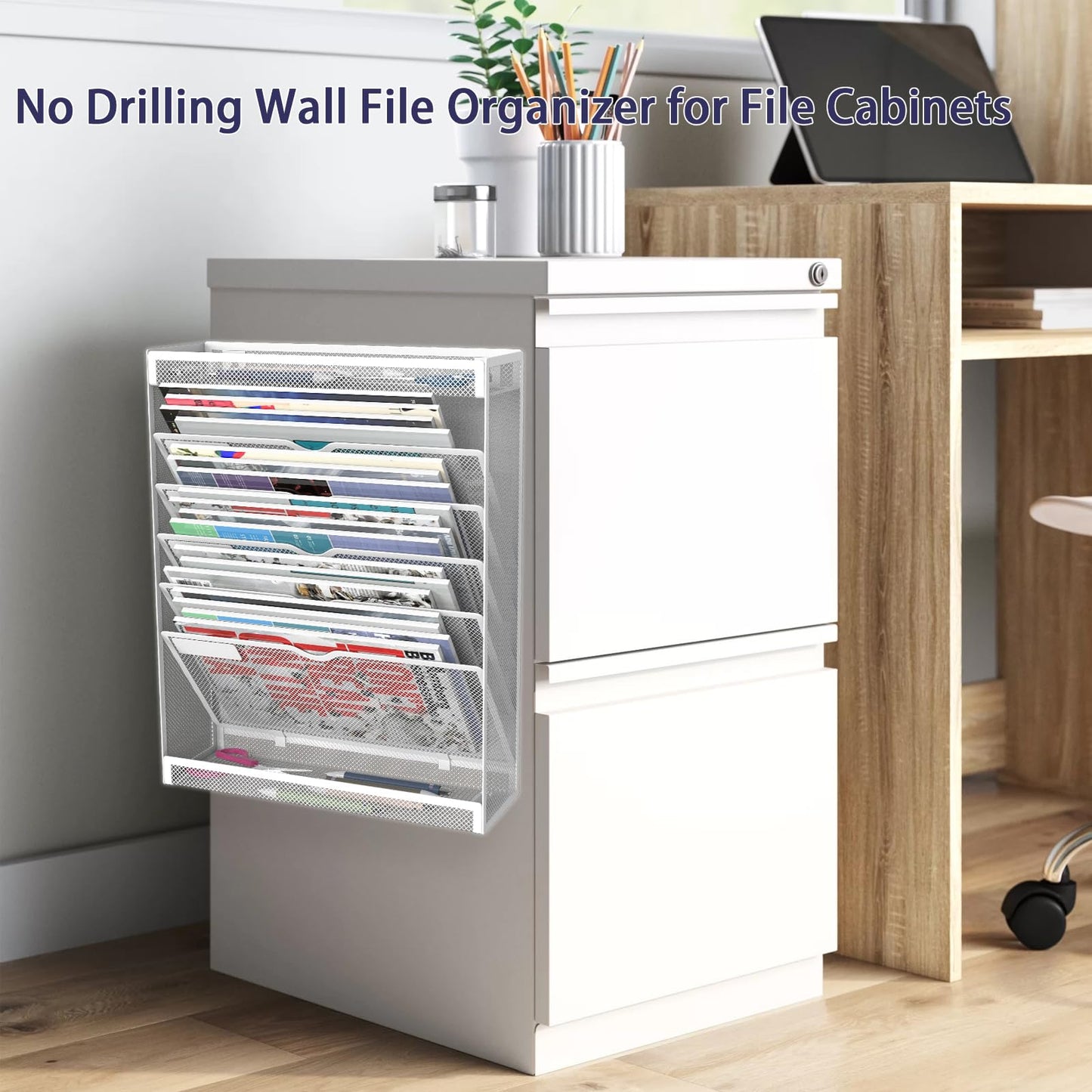 LQPAFZ 7 Tier Magnetic File Holder, No Drilling Wall File Organizer for File Cabinets Whiteboard Refrigerator,Office,Classroom, Hanging Paper Folder Holder, White