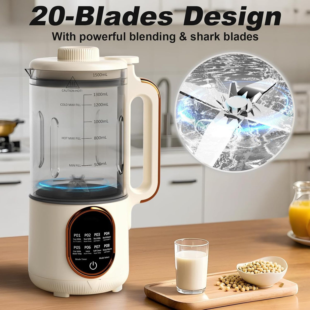 1500ml Automatic Nut Milk Maker 20 Blades for Almond Oat Soy 10 in 1 Milk Plant Based Milks Chowder Juice with Delay Start Boil Water Keep Warm Auto Clean