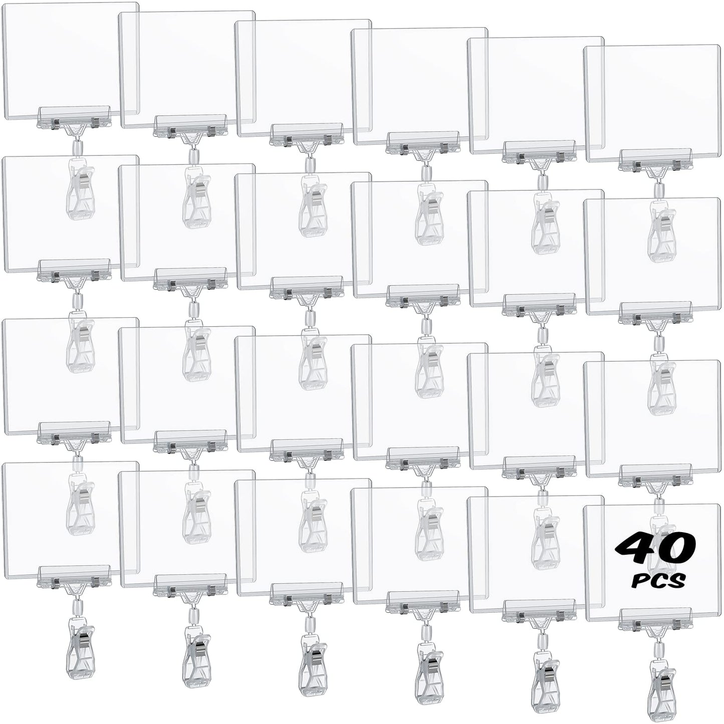 Epakh 40 Pieces Rotating Clip Pop for Retail Display, Swivel Sign Rotatable Merchandise Holding Clamp Holder for Hanger Rails or Tubes with 40 Pieces Hard Card Sleeves PVC Protector