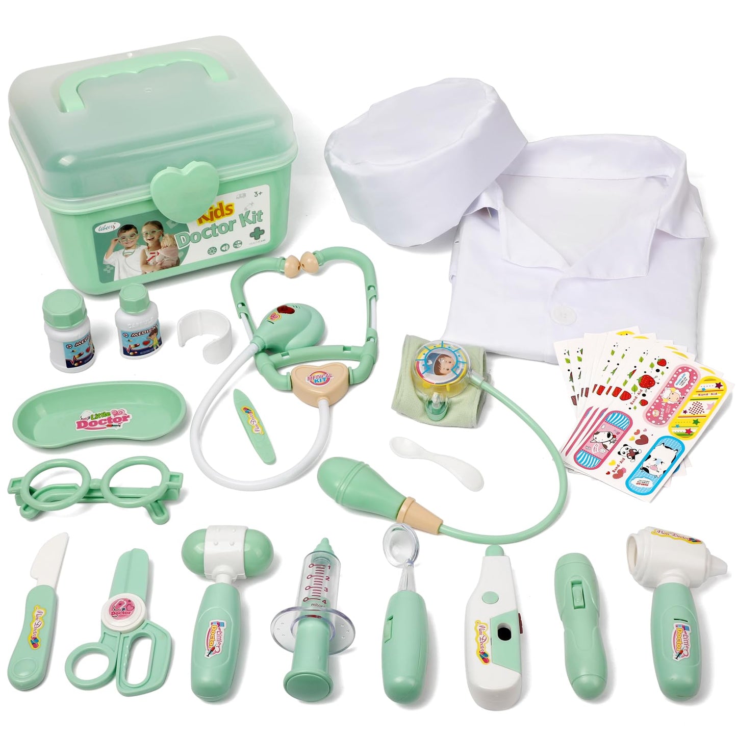 Liberry Doctor Kit for Toddlers 3 4 5 Years Old, 30-Piece Kid Doctor Toy with Stethoscope, Costume, Green Medical Pretend Play, Birthday Gift for Girls Boys