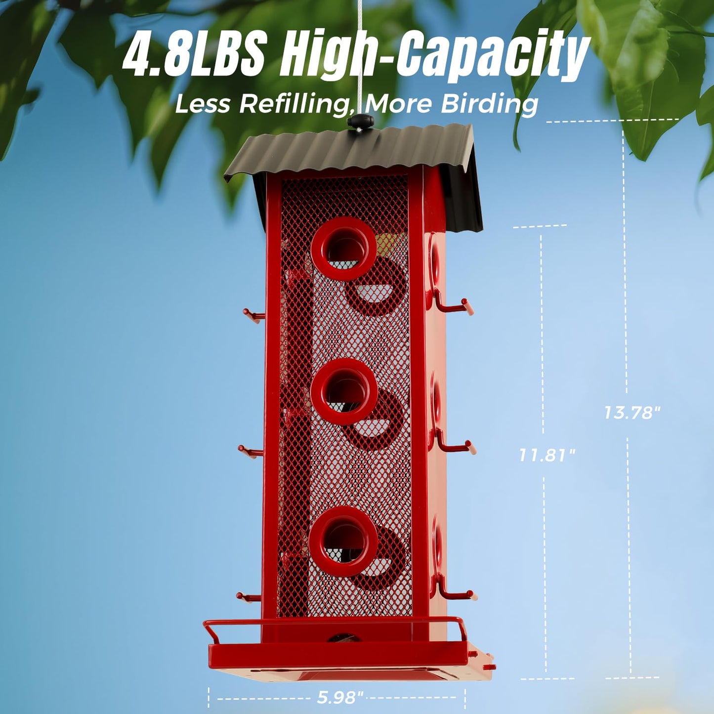 Shineforu All Metal Bird Feeder for Outdoors Hanging | 14-Port Multi-Bird Viewing | Rust-Proof, Waterproof & Easy-Clean | Attracts Cardinals, Finches, Chickadees & More (Elegant Red & Black)