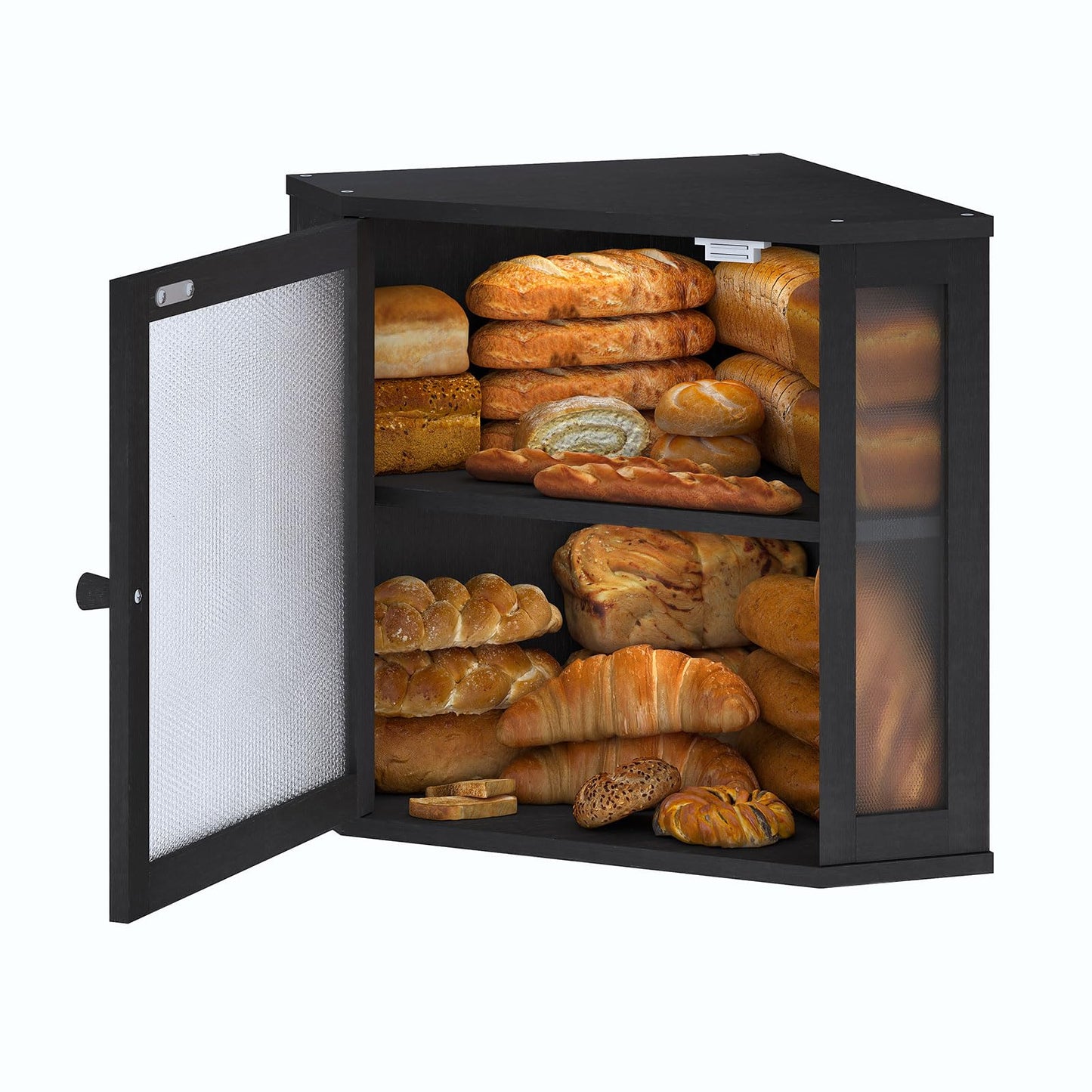 Furshus Corner Bread Box for Kitchen Countertop,Bread Storage for Homemade Bread, Double Layer Large Bamboo Kitchen Storage Bin with Window (Black, Medium)