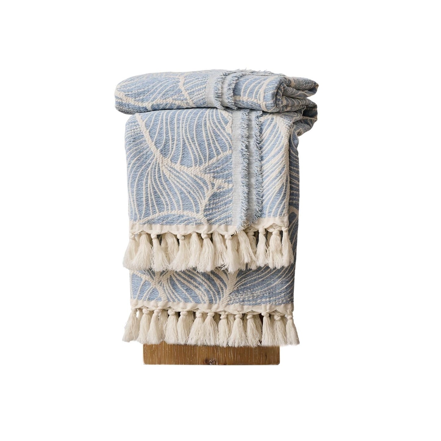 DOWN HOME Chenille Cotton Throw Blanket for Couch, Lightweight Boho Blanket for Bed Sofa Chair Living Room Outdoor Soft Woven Decorative Blanket with Tassel Gift Blue Leaves 55"x60"