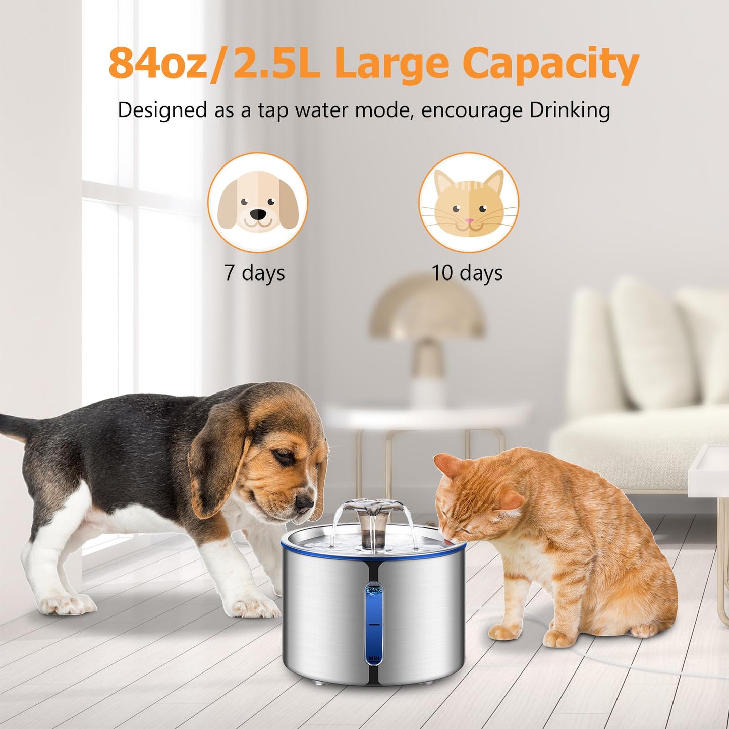 BOORCA Cat Water Fountain, 2.5L Stainless Steel Pet Water Dispenser, Ultra-Quiet Pump, Perfect for Cats, Dogs and Multiple Pets
