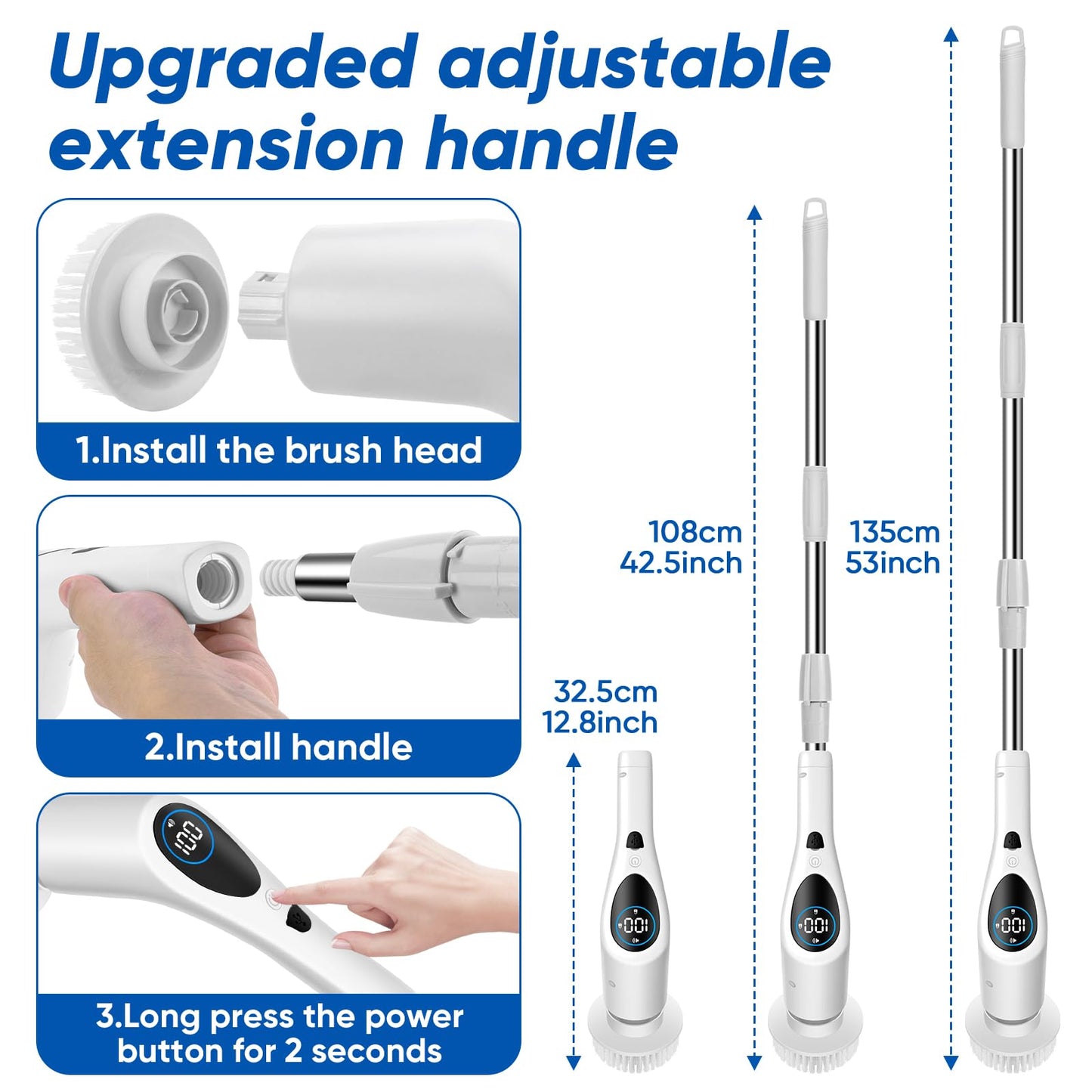 Electric Spin Scrubber, Upgrade Cordless Cleaning Brush with 9 Replaceable Cleaning Brush Heads, 3 Rotating Speeds, LED Display,Adjustable Extension Arm, Power Shower Scrubber for Bathroom Tile Floor
