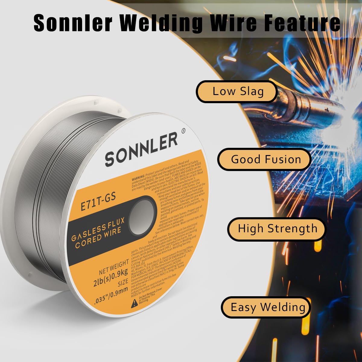 SONNER 035 Flux Core Welding Wire,3 Packs 2-Pound E71T-GS Low Splatter Gasless Carbon Steel Mig Welding Wire Compatible With HF Fourney Harbor Welder