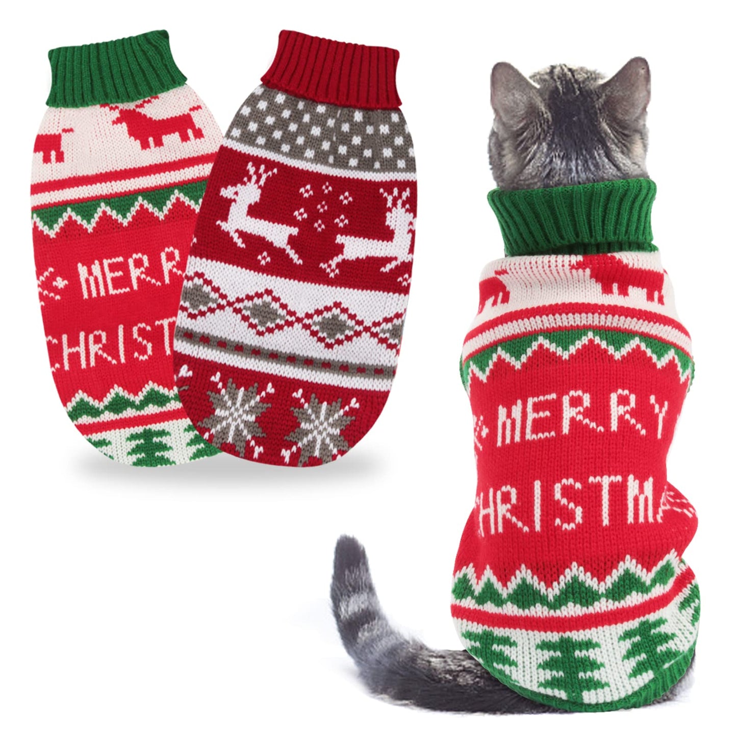 BWOGUE 2 Packs Cat Christmas Sweater Christmas Dog Sweaters Pet Cat Winter Knitwear Warm Clothes Pet Reindeer Snowflake Merry Christmas Pet Sweaters for Kittys and Small Dogs, X-Large