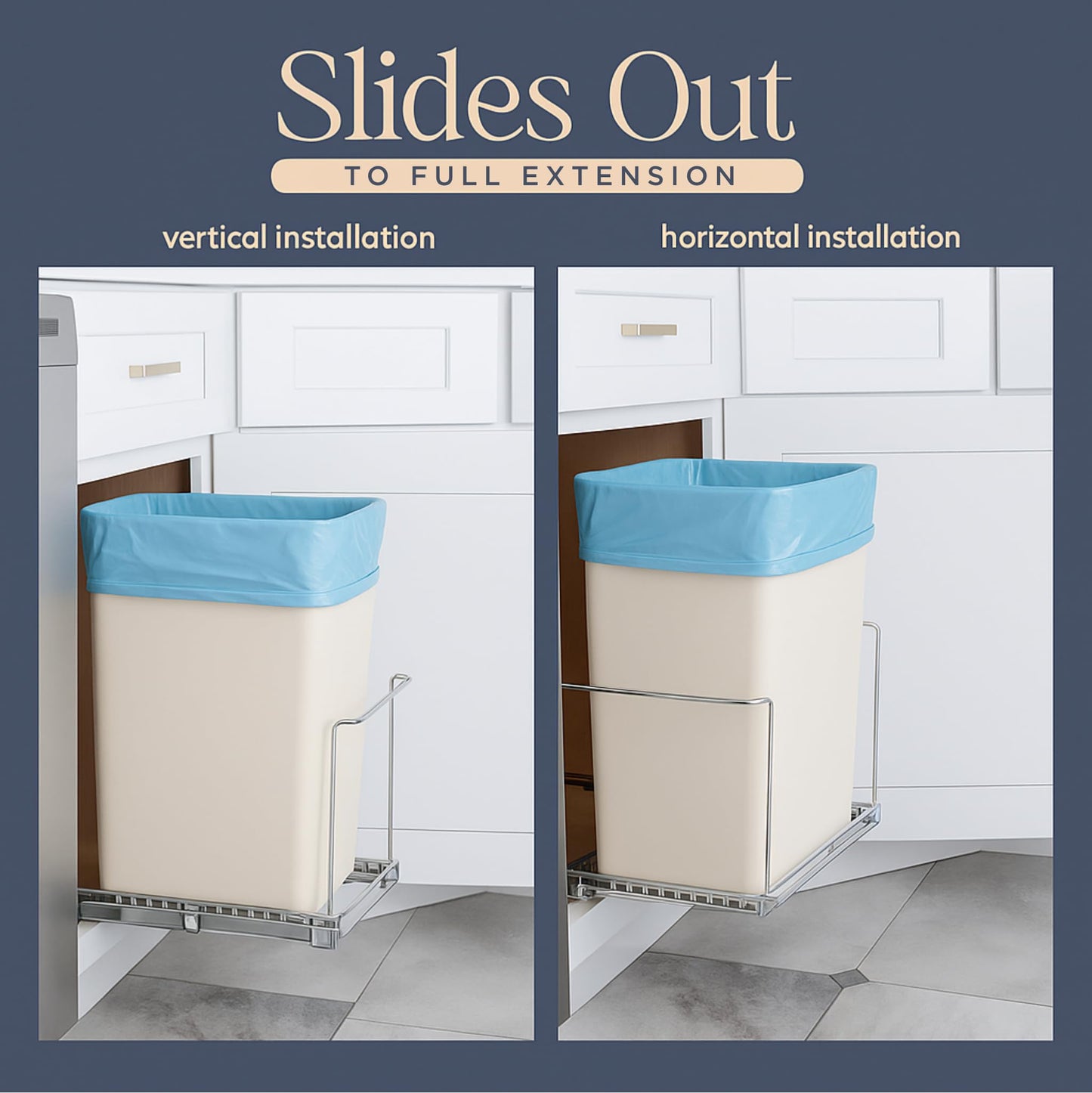 Pull Out Trash Can Under Cabinet,2 Way Slide Out –Heavy Duty Metal, with 5 Year Limited Warranty-Roll Out Sliding Garbage Waste Bin (Not Included) - Install Length or Widthwise