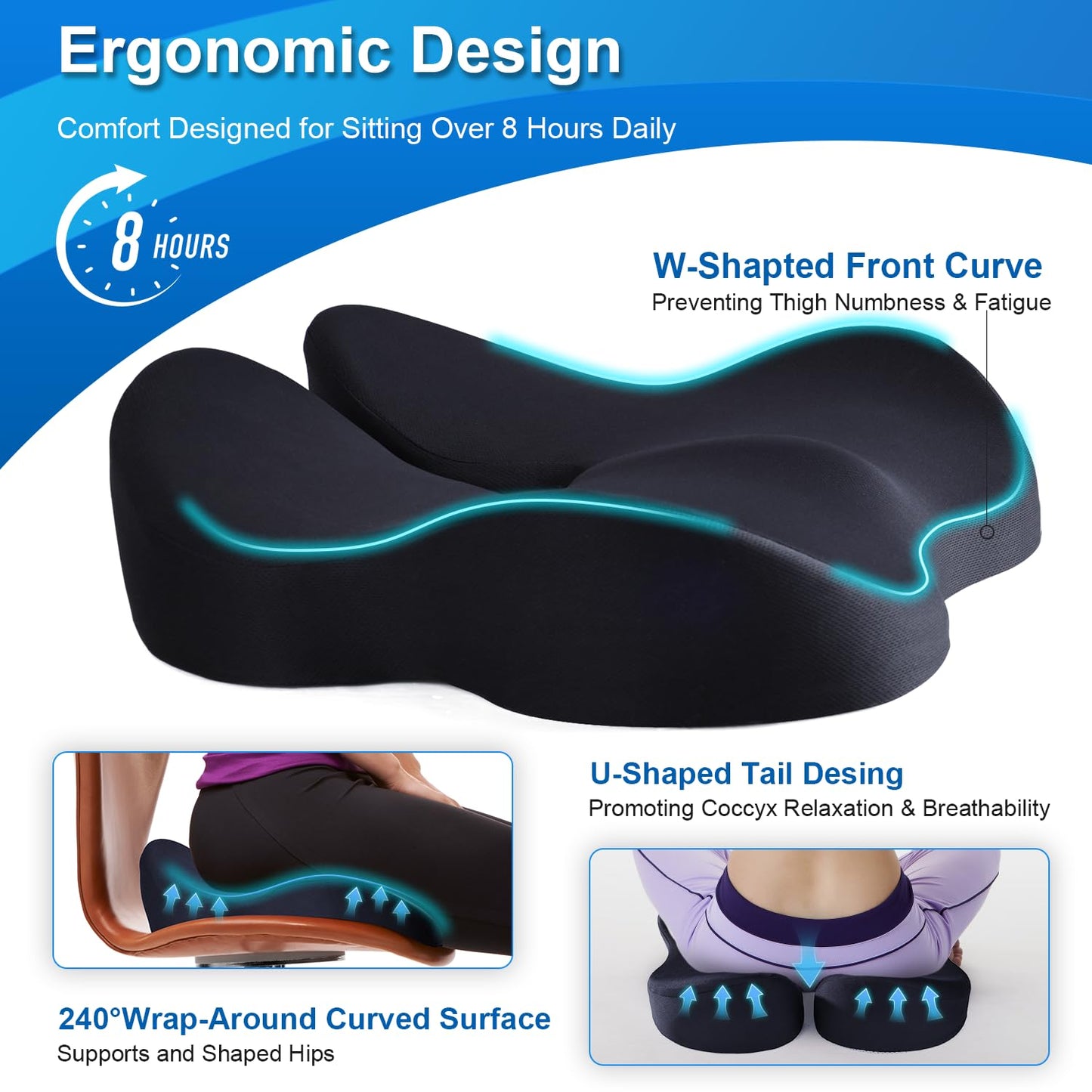 Memory Foam Seat Cushion for Office Chair Pressure Support Extra Large Size, Ergonomic Office Chair Seat Cushion for Tailbone, Car Seat Cushion Improves Posture & Support for Long Sitting Black