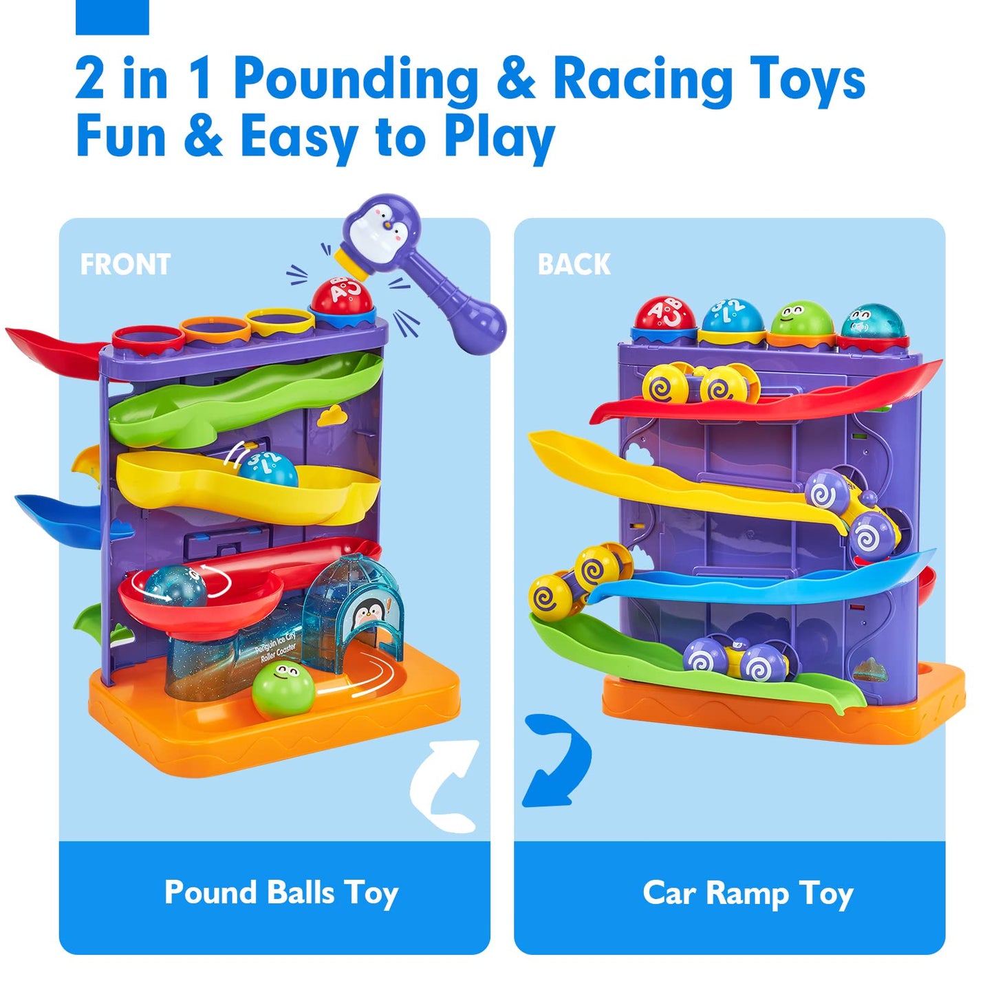 hahaland 2 in 1 Baby Toys 12-18 Months Development - Toddler Toys for 1 2 Year Old Boys Girls, Montessori Pound a Ball Hammer Toy, Toddler Car Ramp Toy for 1 2 Year Old Boy Girl Gifts 12M+