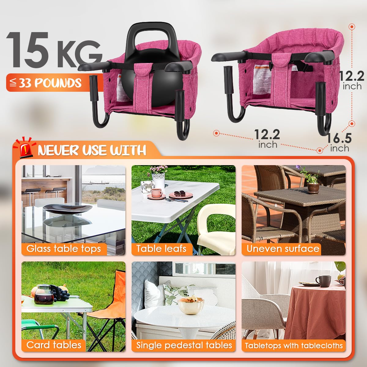 lulunemo Hook On High Chair, Portable & Foldable, Suitable for Family & Travel, Baby 6-36 Months, Rose Red