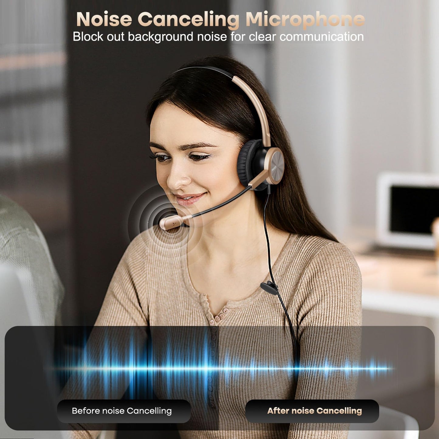 Call Center Headset with RJ9 Jack & 3.5mm Connectors for Landline Deskphone Cell Phone PC Laptop, Phone Headset with Microphone Noise Cancelling, Work for Cisco 7941 7965 6941 7861 8811 8961