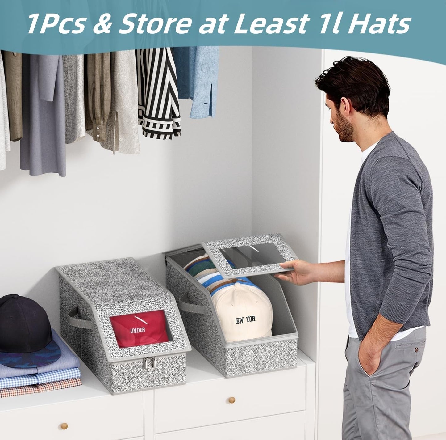 2 PCS Stackable Hat Storage for Baseball Caps, Holds up to 24 Caps Hat Organizer for Closet, Sturdy Snapback Boxes for Men with Cardboard, Grey (2)