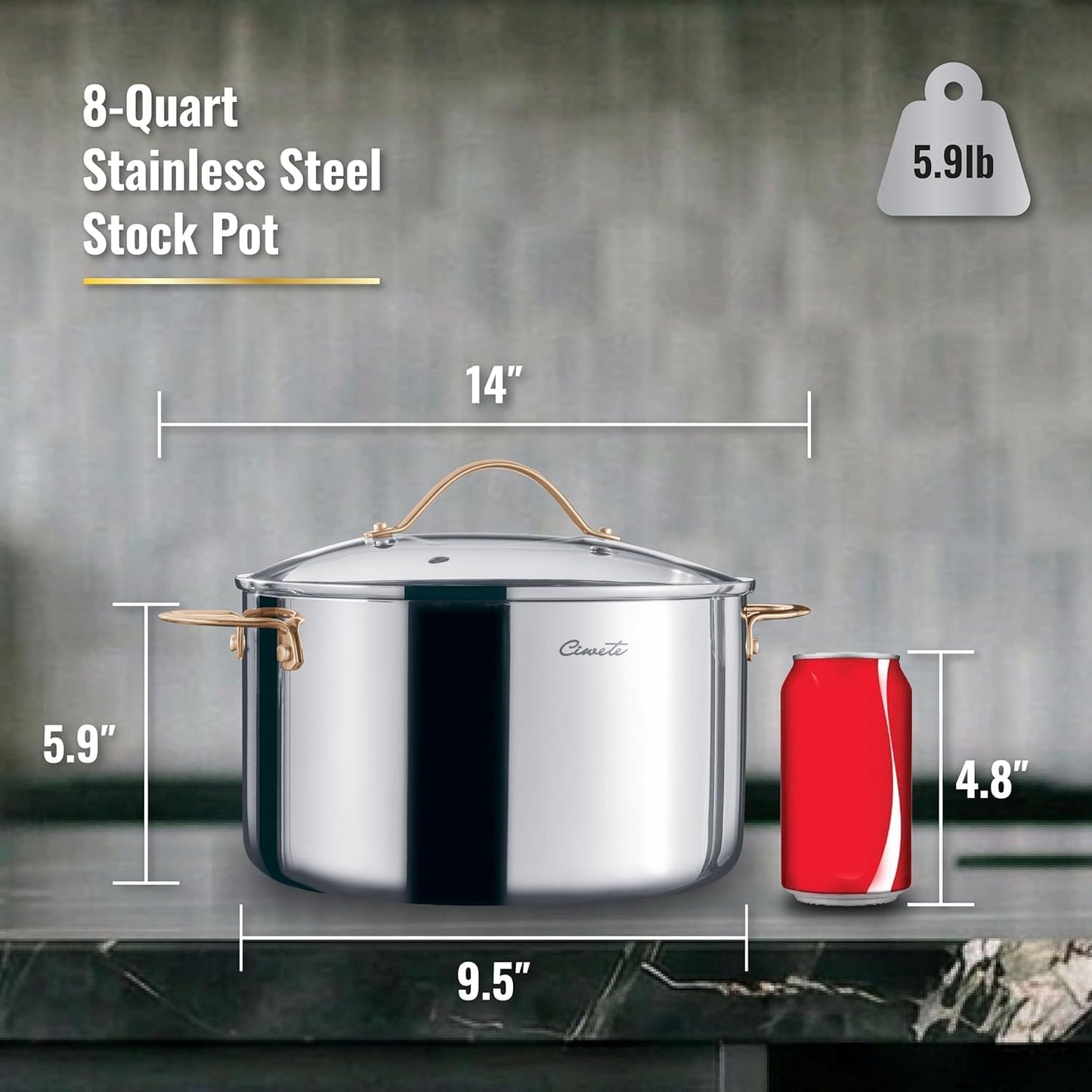 Ciwete 8 Quart Stock Pot, 3 Ply Stainless Steel Cooking Stock Pot with Lid, 8 QT Soup Pot with Copper Handle, Healthy Stockpots, Induction, Oven, Gas and Dishwasher Safe