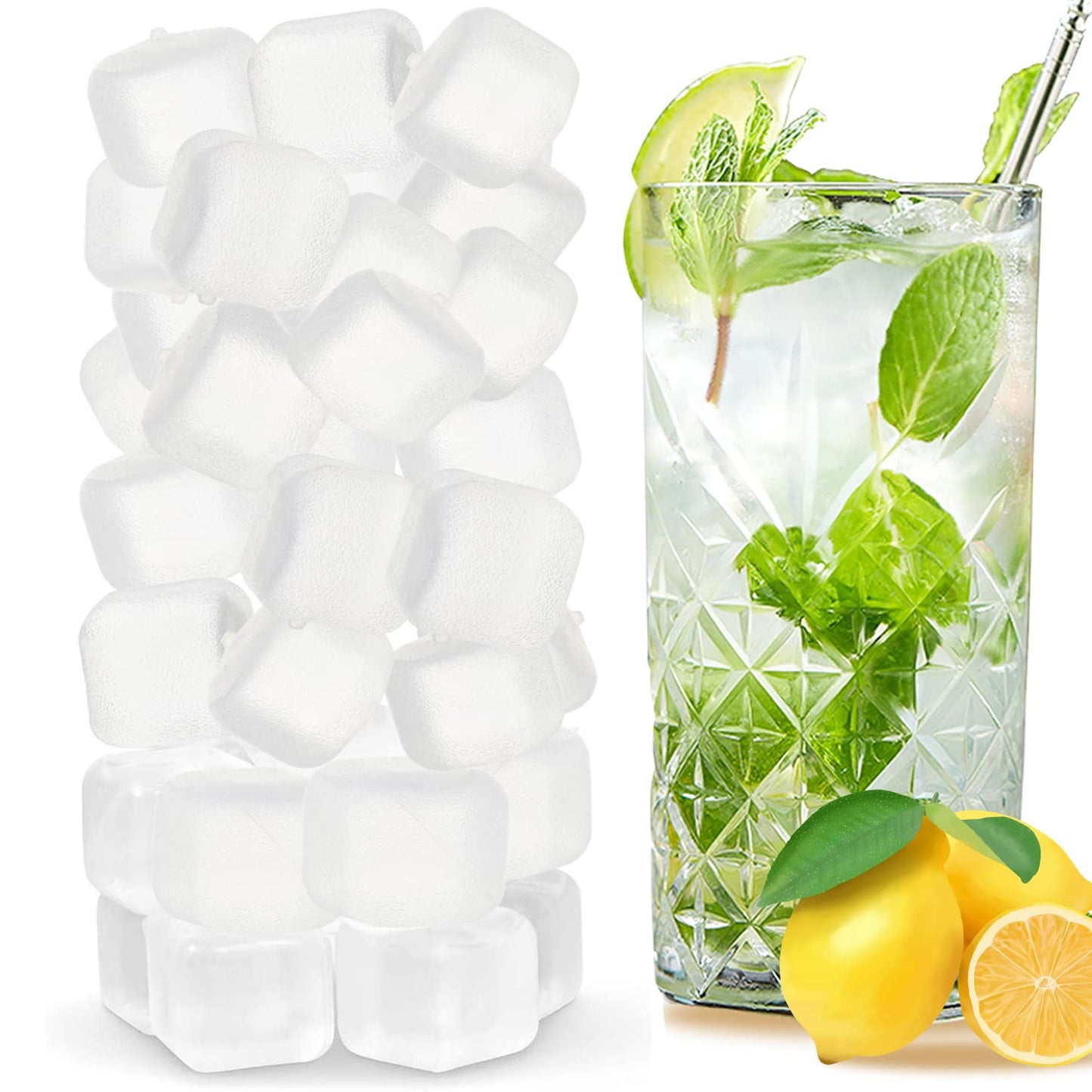 Reusable Ice Cubes for Drinks, 100 Pack Refreezable Plastic Ice Cubes BPA Free for Cocktails, Chills Drinks Without Diluting, Wine, Beer or Coffee Easy To Use