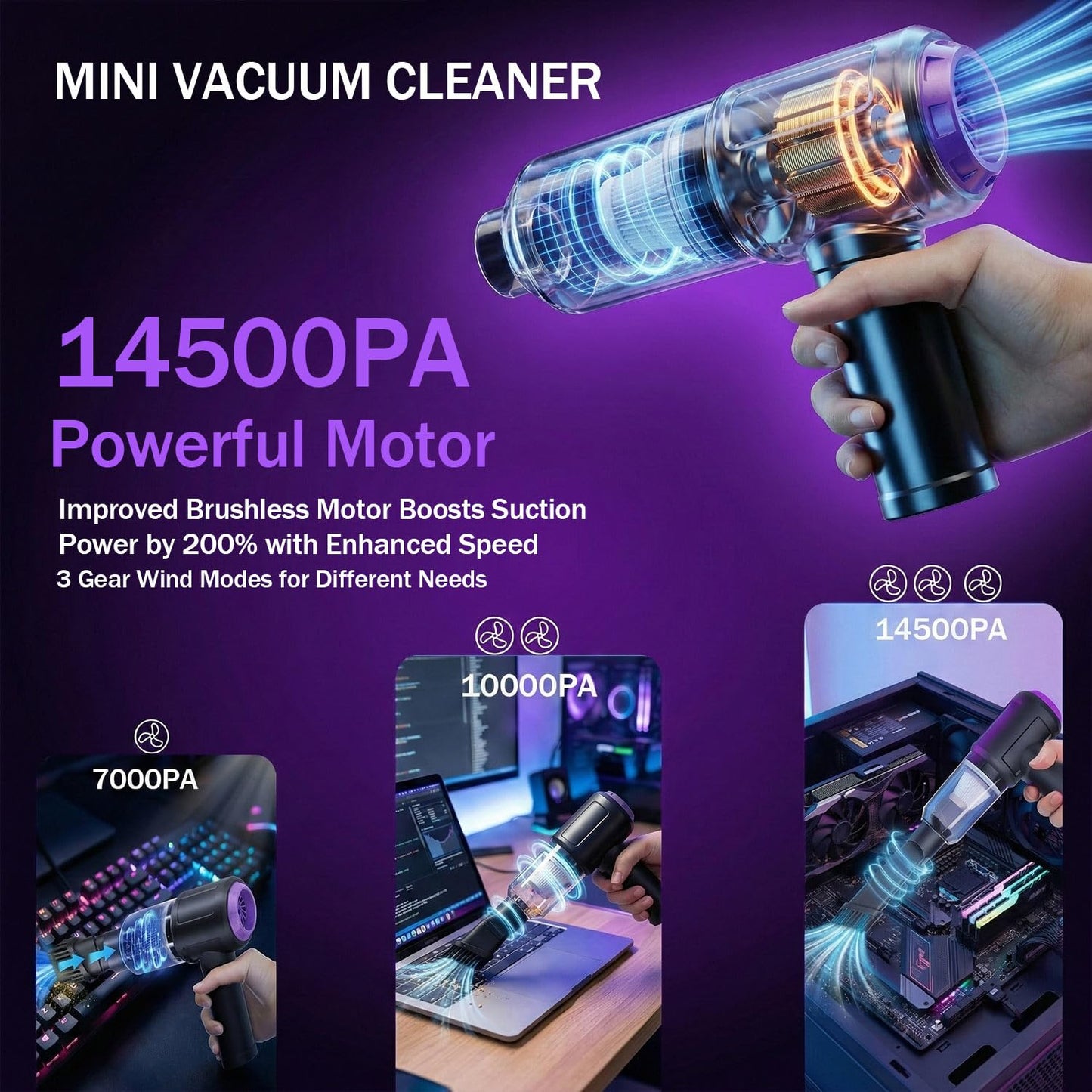 Goweto 14.5KPA Computer Keyboard Vacuum Cleaner &110000RPM Electric Air Duster 3-in-1,Replaces Canned Air,for PC Tower & Car Laptop Sewing Machine Portable Keyboard Vac USB Desk Crumbs Dust Cleaners