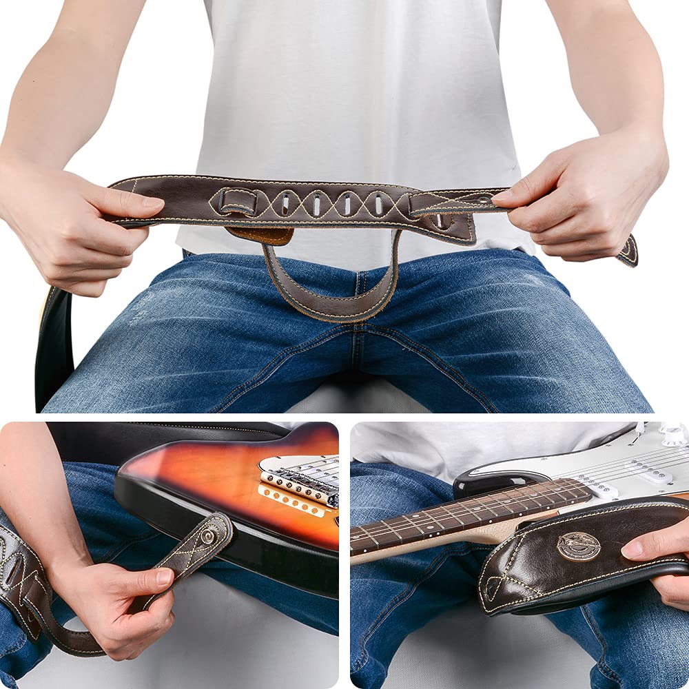 Guitar Strap Leather 3 Inch Wide Full Grain Padded Soft Leather Strap for Acoustic, Electric and Bass Guitars (Brown)