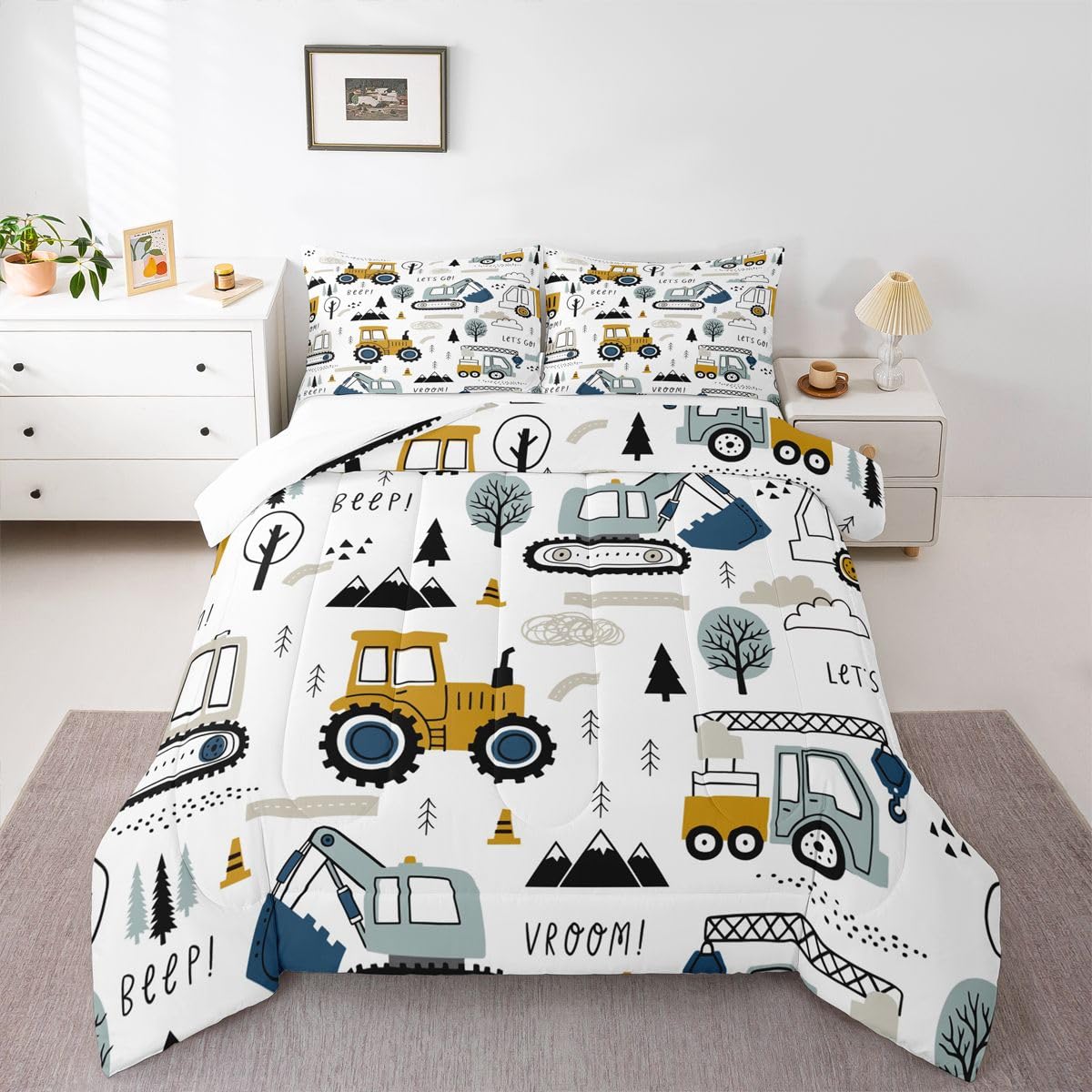Cartoon Car Kids Comforter Set Construction Bedding Set Decor Equipment Trucks Comforter Cartoon Car Excavator Tractor White Yellow Duvet Set Bedroom Quilt Set 3Pcs Full