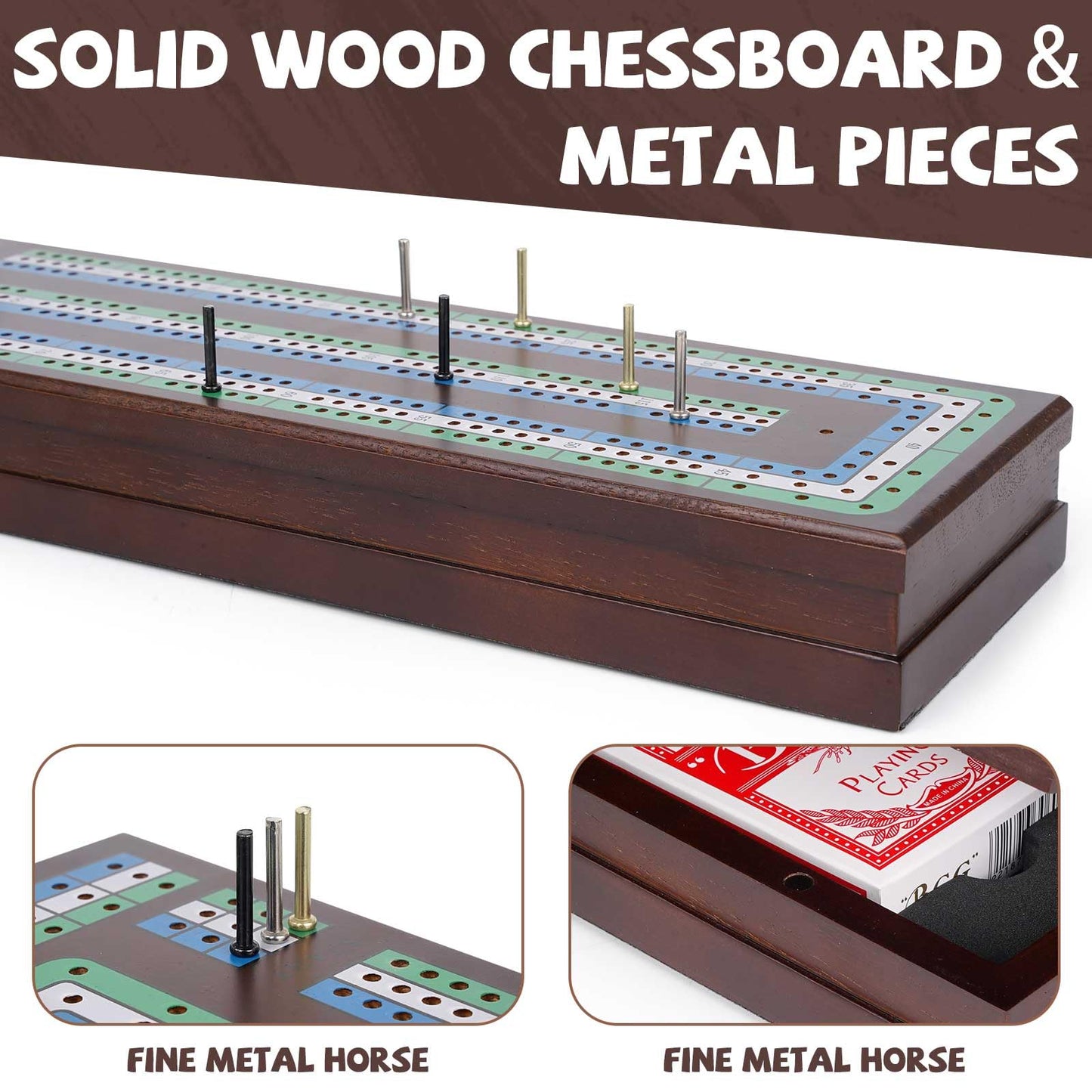 Wooden Cribbage Board Game Set, Premium Wooden Board with Magnetic Lock and Metal Pegs, Strategy Card Game Cribbage - Travel Portable Cribbage Game Sets for Family