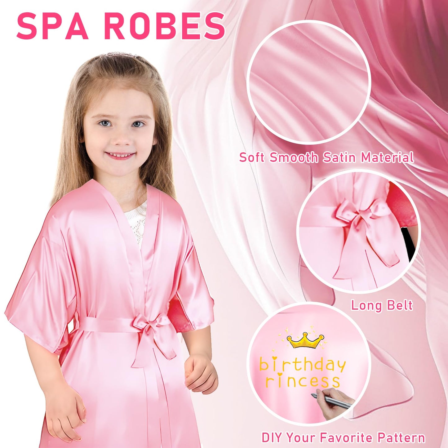 18 Pcs Spa Party Supplies for Girls 6 Satin Kimono Robe 6 Sleeping Eye Mask 6 Disposable Slippers for Flower Girl Kid Salon Pedicure Wedding Birthday Favors Washing Shower (Size 10, Pink)