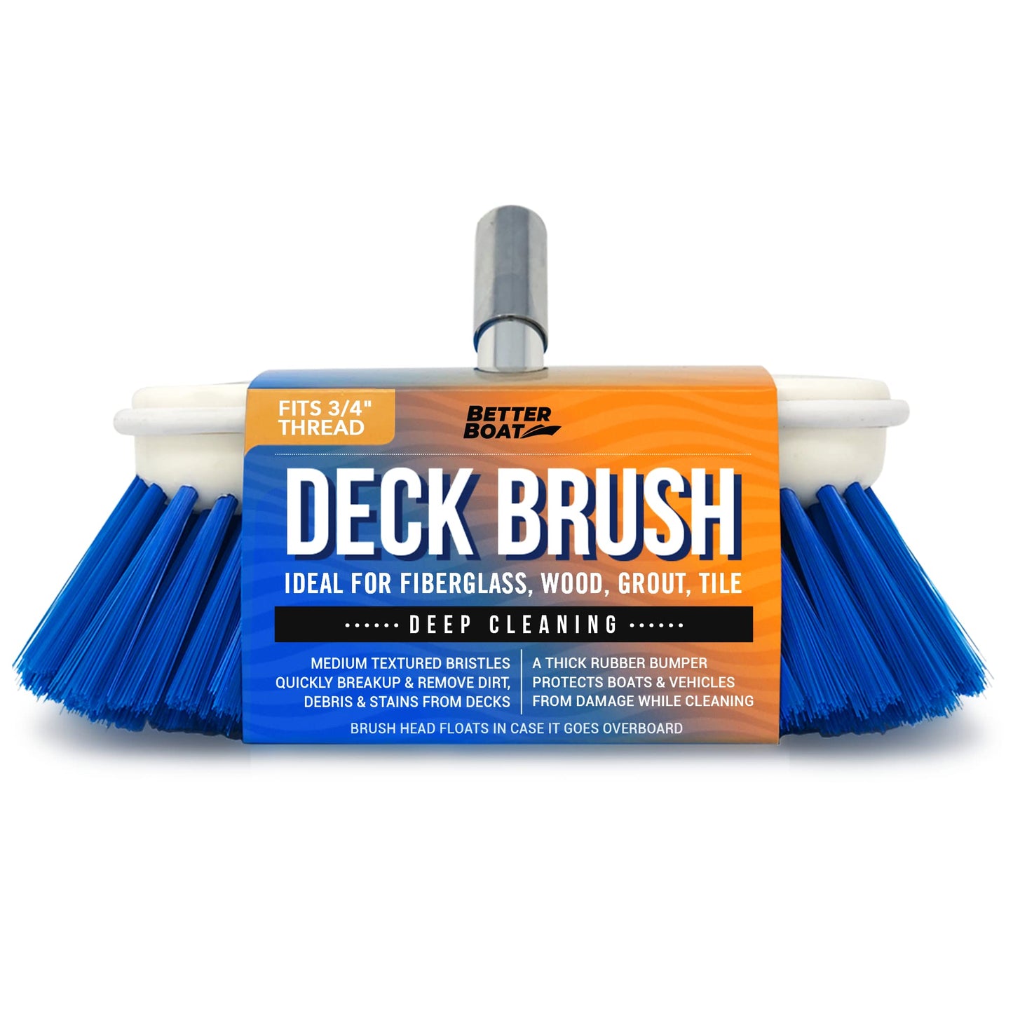 Medium Boat Deck Brush, Heavy-Duty Marine Brush Head, 8" Bristle with Bumper, 3/4" Thread Handle, for RV, Truck, and Auto Cleaning