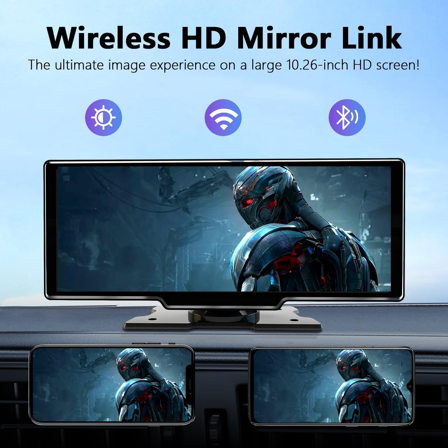 10.26 Inch Wireless Apple Carplay Screen for Car, Bluetooth Car Stereo with Apple Car Play and Android Auto Screen/1080P HD Backup Camera/FM/AUX/Mirror Link/Voice Control/GPS Navigation