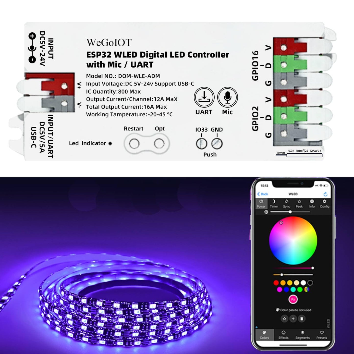 WeGoIOT ESP32 WLED LED Strip Controller Mic UART USB Type-C Download Music Sound Dynamic Mode DIY WiFi APP Control for SM 16703P WS2811 WS2812B SK6812 FL19038 WS2805 IC FCOB Addressable Strip Light