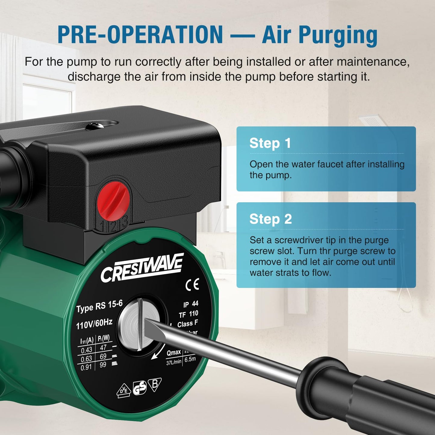 CrestWave Hot Water Recirculating Pump, 93W 110V Water Circulation Pump for Water Heater, 3-Speed-Control Durable Hot Water Pump for Domestic Electric Water Heater System