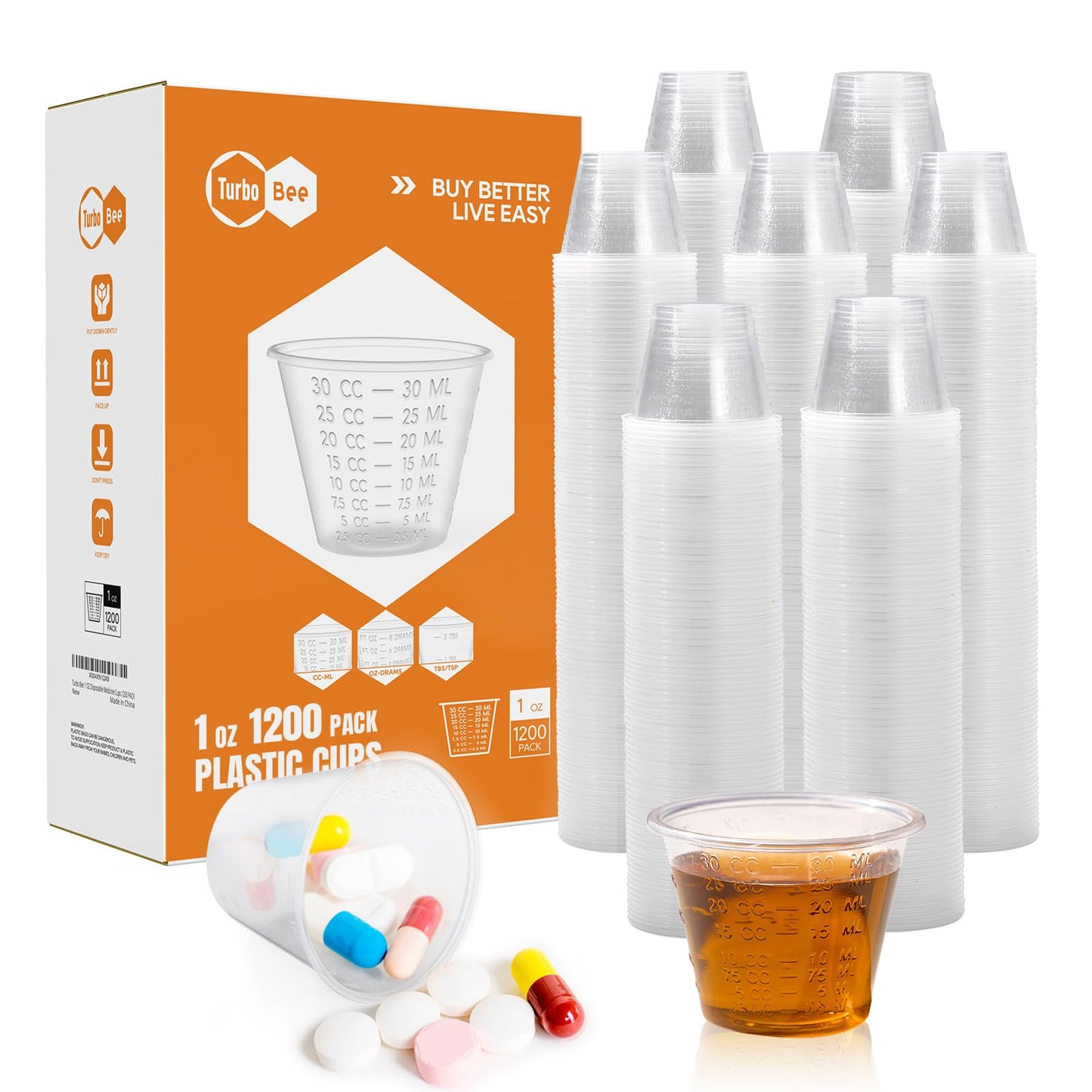 Turbo Bee 1200 Pack 1 OZ Disposable Medicine Cups (30 ml), Small Clear Plastic Measuring Cups for Liquid Medicine, Pills, Resin, and Epoxy