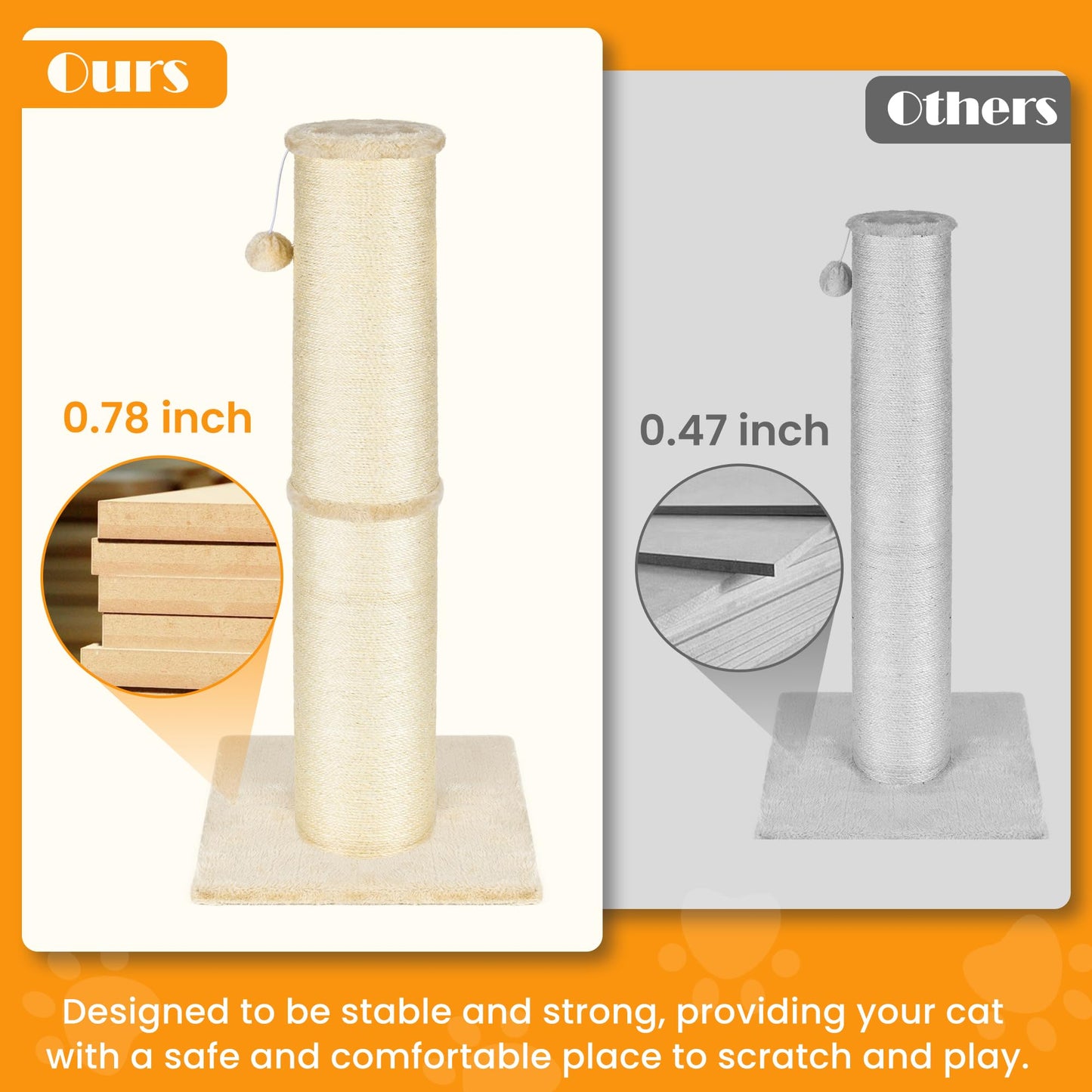 PAWSCRAT Cat Scratching Post 32 Inch High, 5.5 Inch Large Diameter Natural Sisal Cat Scratch Post, Scratch-Resistant and Durable Tall Cat Scratcher for Indoor Cats