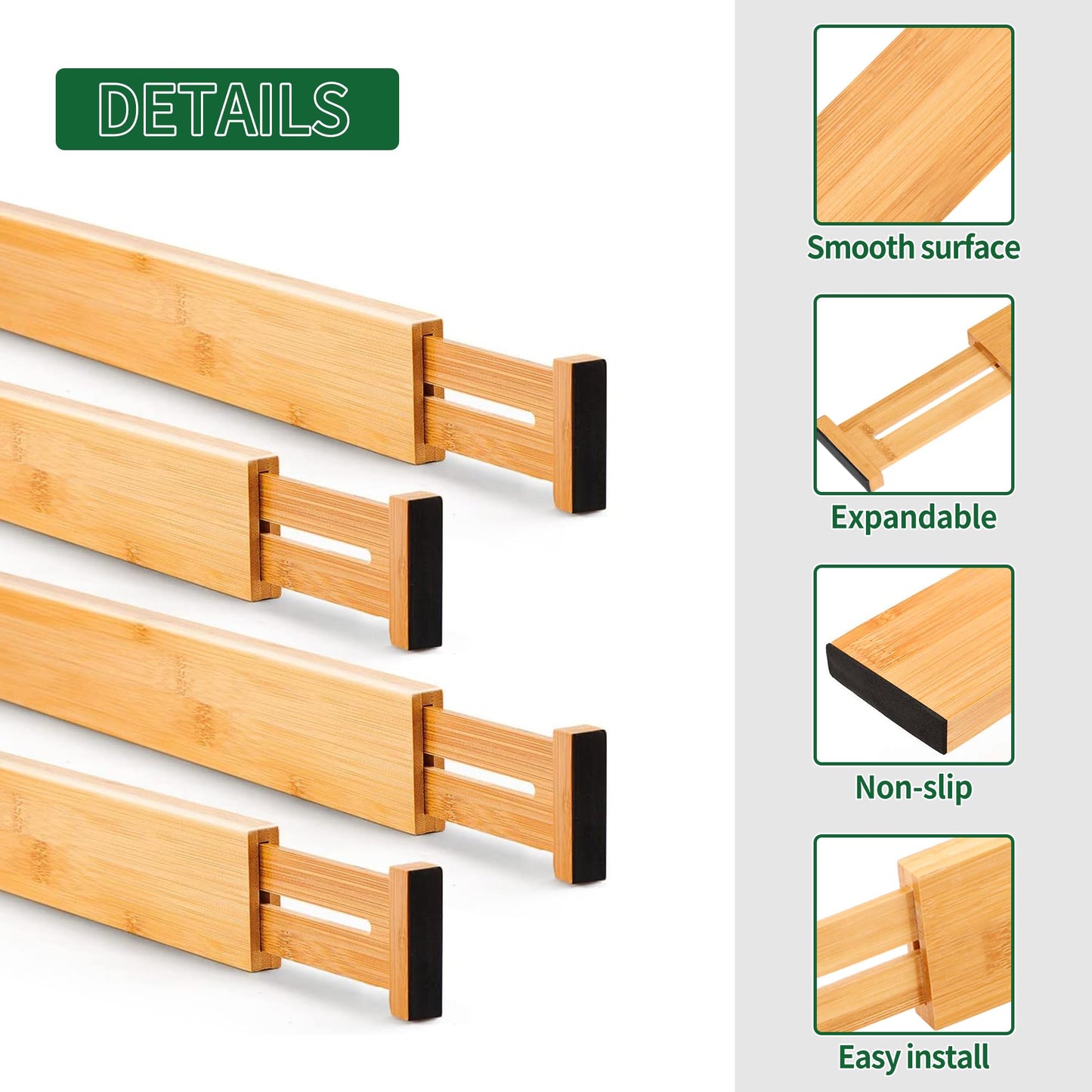 Utoplike 4 Pack Bamboo Kitchen Drawer Dividers,Adjustable Drawer Organizers,Spring Loaded,Works in Kitchen,Dresser,Bathroom,Bedroom,Drawer,Desk