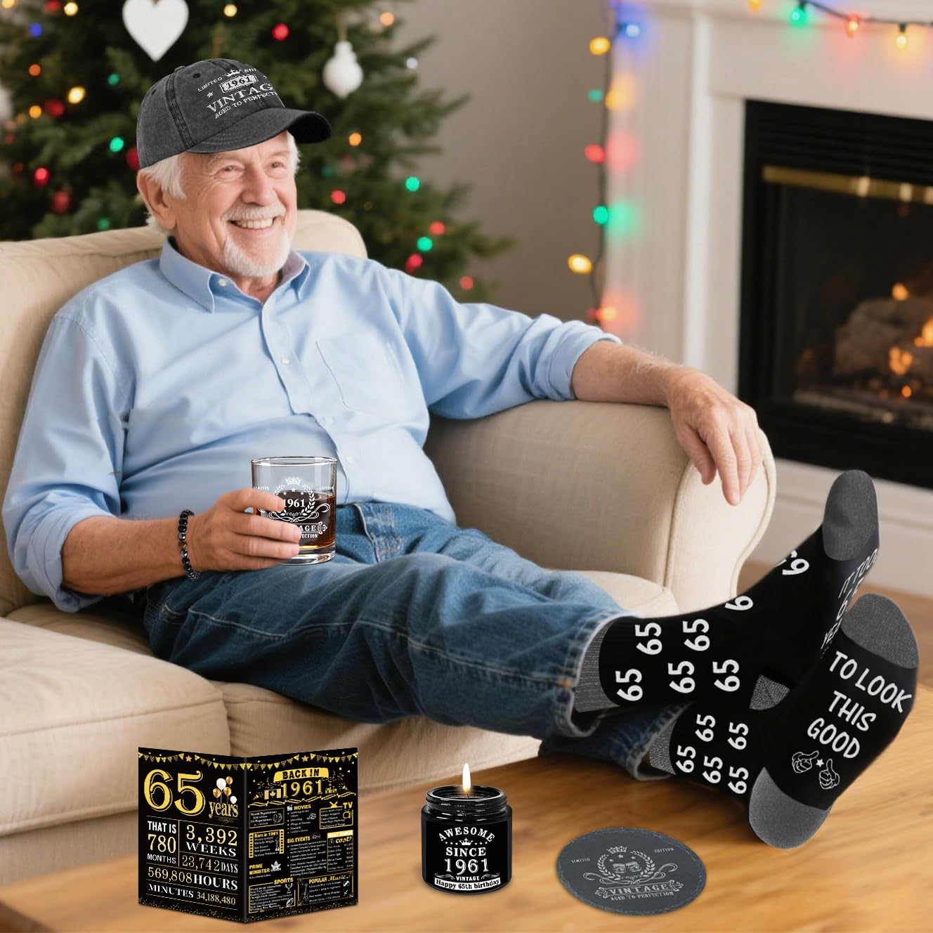 65th Birthday Gifts for Men, Cool 65th Birthday Decorations for Men, 65 Year Old Gifts for Man Who Have Everything, 1961 65th Birthday Gift Baskets for Man Whiskey Glass Baseball Cap Socks Stones