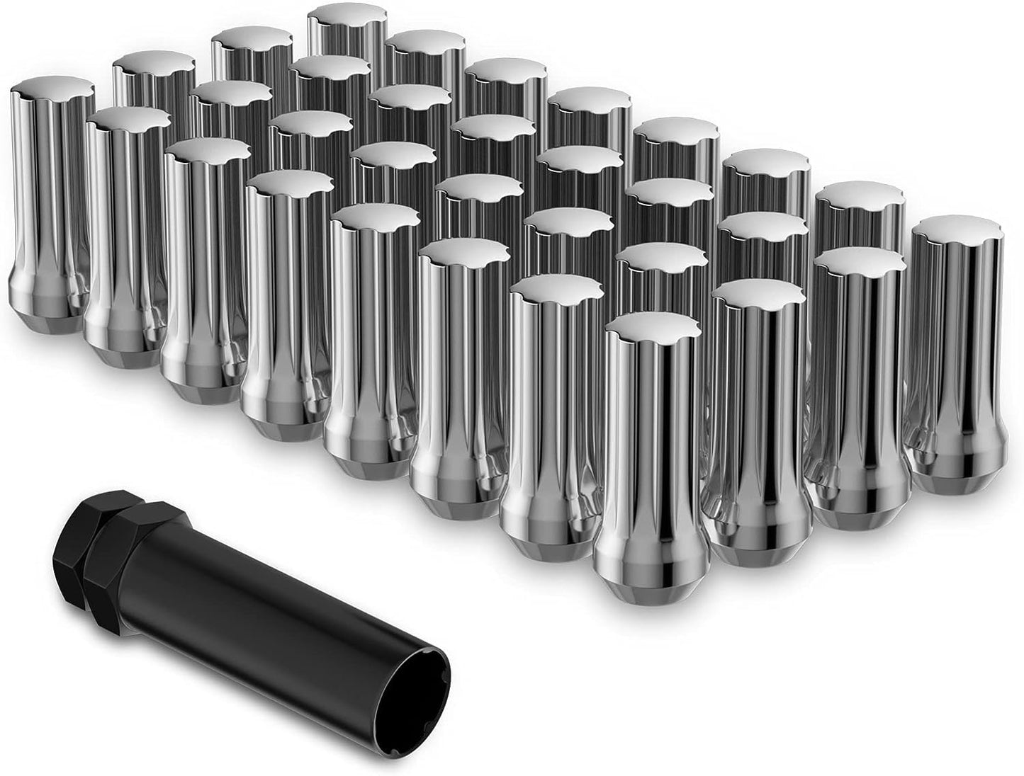 9/16x18 Wheel Lug Nuts, 32x Chrome 9/16x18 Lug Nut, Closed End Long Extended XL Spline, Conical/Cone Bulge Seat, with 1 Socket Key for Ram 2500/3500 F250/350 C20/30 K20/30 8 Lug Aftermarket Wheels