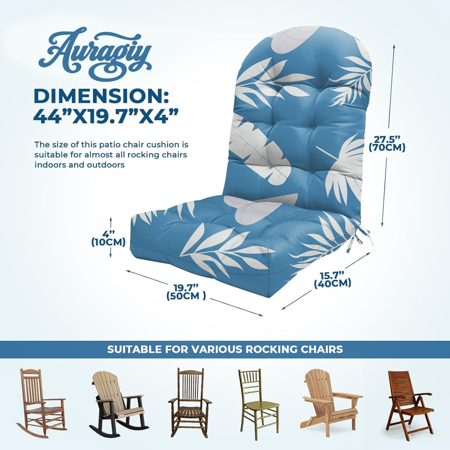 Waterproof Adirondack Chair Cushion, Thickened Adirondack Rocking Chair Cushion，Indoor Outdoor Rocking Chair Cushions High Back Patio Chair Cushions with Ties，43x19x4 Inches, Blue Leaf