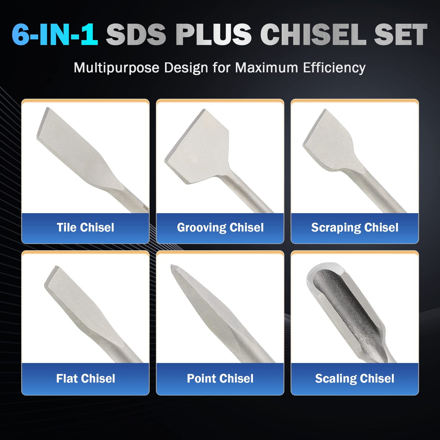 ZELCAN 6-Piece Chisel Set for SDS Plus Bits Tile Grooving Scraping Flat Point Scaling Chisels Hammer Drill Tool for Tile Masonry Concrete Brick Stone Work 40Cr Steel Drill Bit Set w SDS Plus Shanks