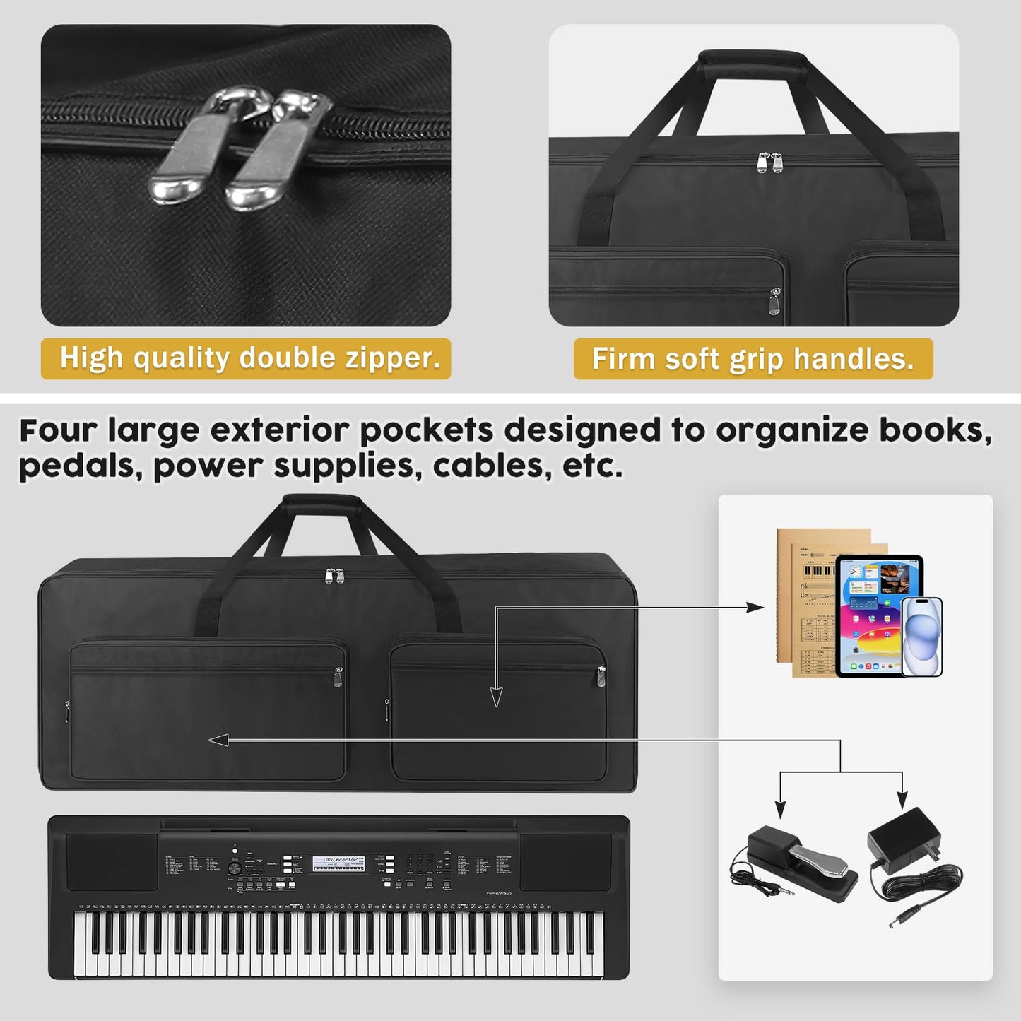 XIDIHF 73/76-Key Keyboard Case - Portable Electric Piano Gig Bag with Handles, 4 Pockets, Durable 600D Oxford Cloth with 10MM Sponge Padded Protection, (118 x 13 x 45 CM)