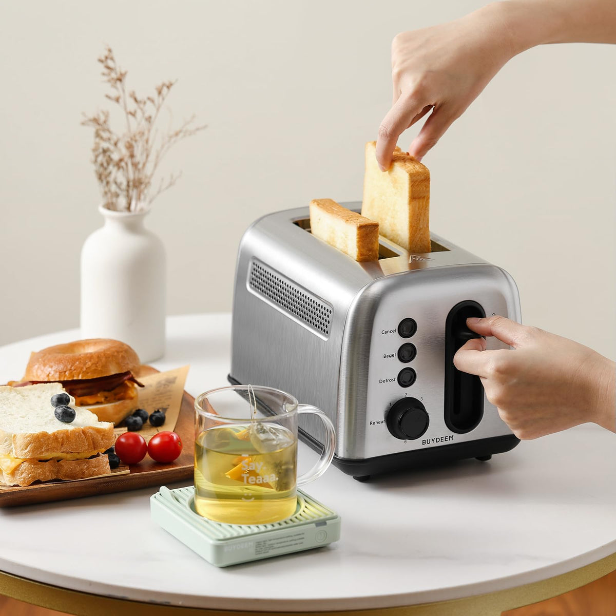 BUYDEEM DT420 2 Slice Toaster, Stainless Steel Toaster with Extra Wide Slots for Bagels, Muffins, High Lift Lever, 6 Shade Settings, Retro Sliver