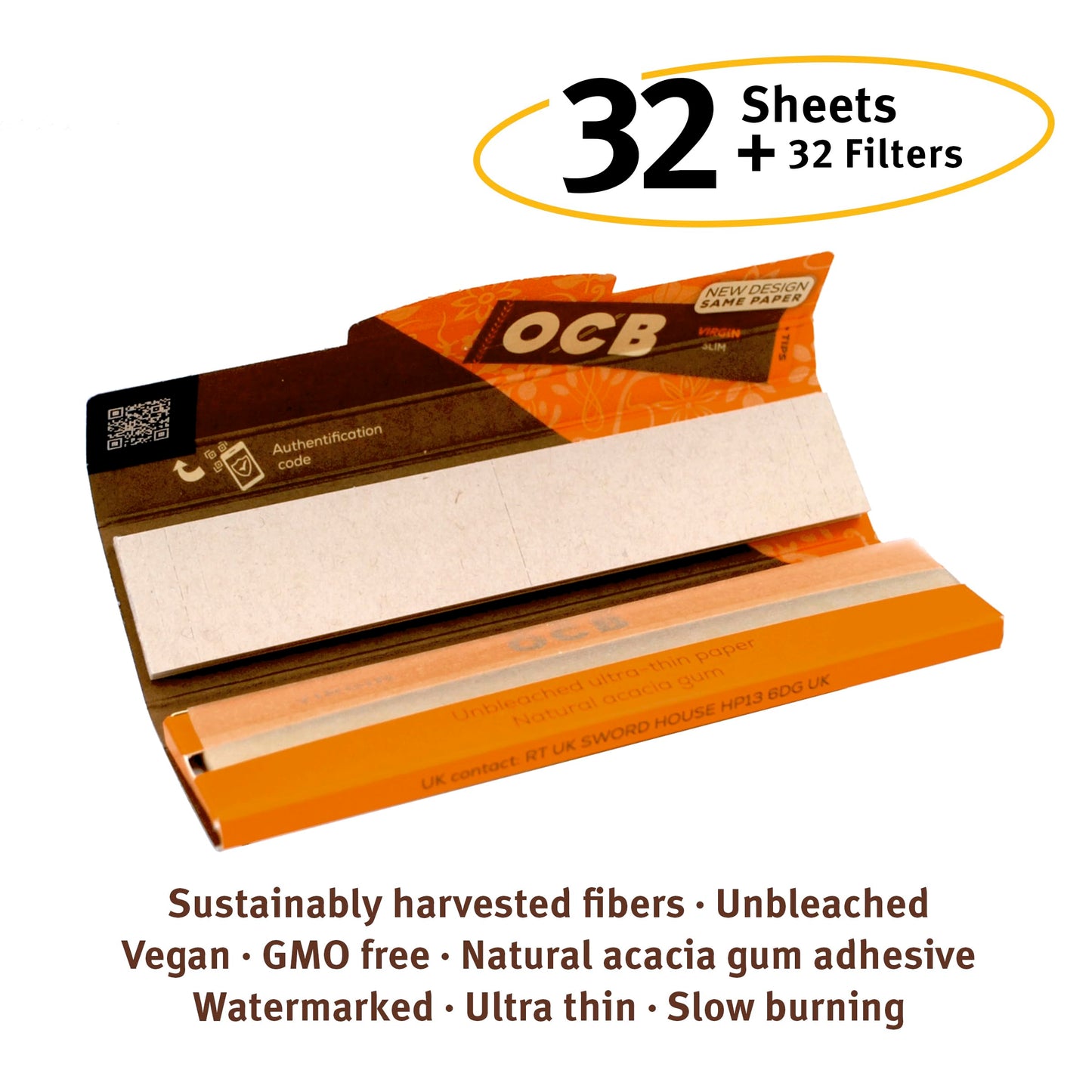 OCB Virgin Unbleached Rolling Papers Slim + Filters (44mm x 109mm) - 32 packs of 32 papers + 32 filters