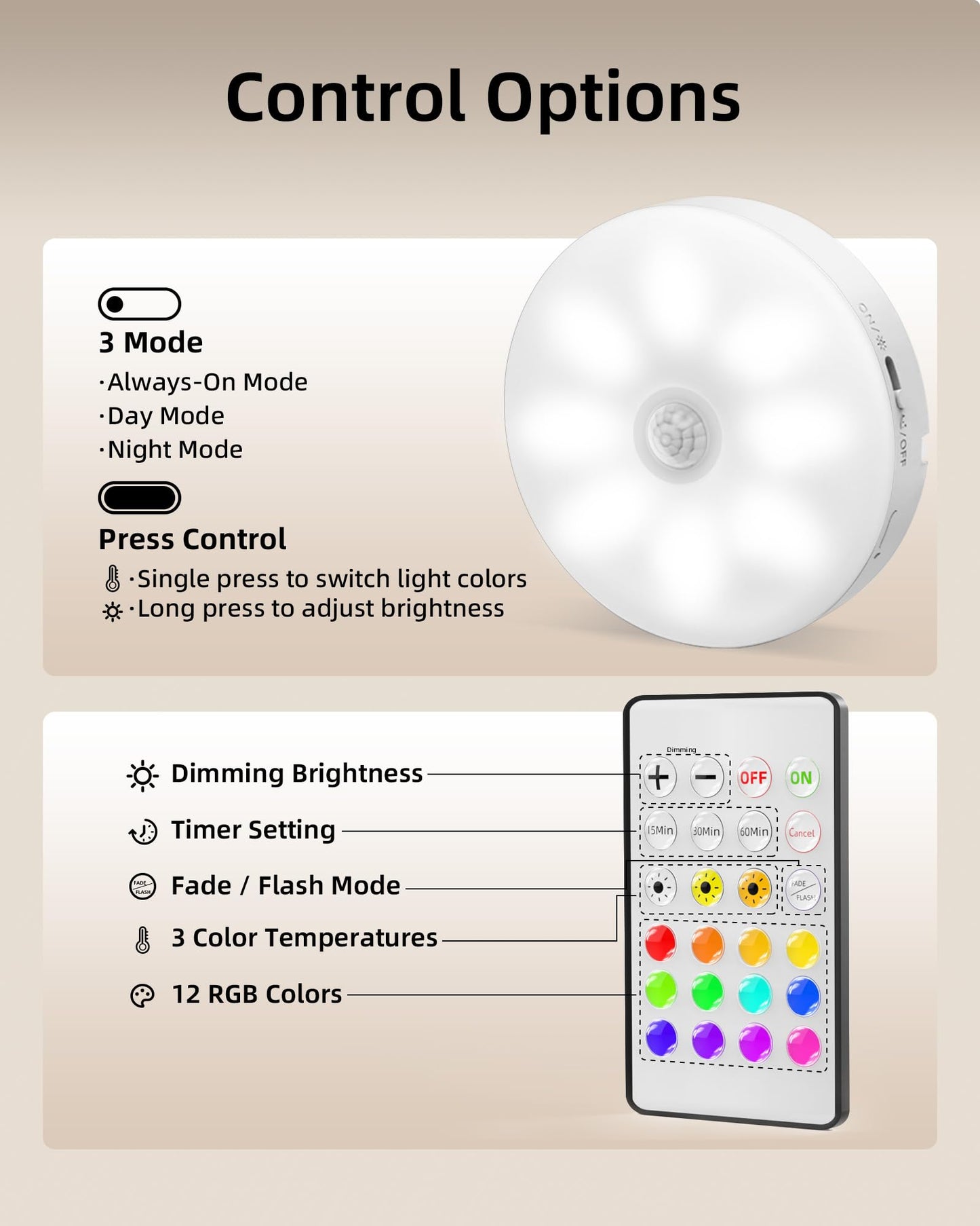 EZVALO 6-Pack Rechargeable Motion Sensor Light Indoor, 15 RGB Color Temps Under Cabinet Lighting, Wireless LED Puck Lights with Remote, Under Counter Lights for Kitchen, Shelves, Stairs, Lockers