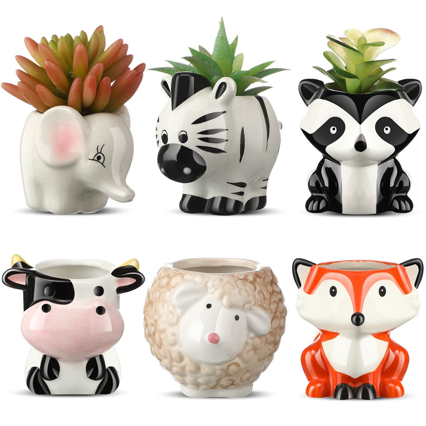 6 Pieces Cute Animal Succulent Planter Pot with Drainage Hole, Cartoon Cow Elephant Ceramic Flower Plant Pot Tiny Flower Planter Cactus Container Indoor Outdoor Office Home Decor