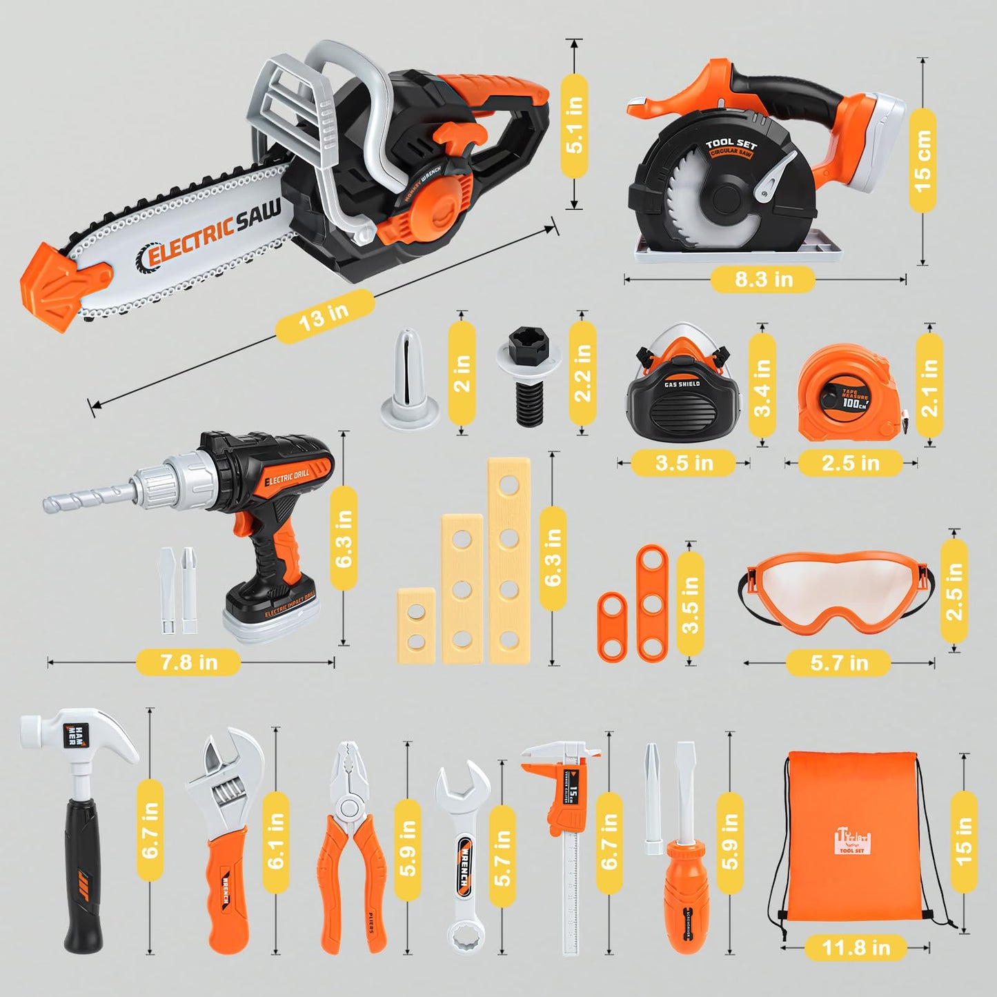 Kids Tool Set - Pretend Play Construction Toys for 3 4 5 Year Old Boy Gifts, Preschool Learning Tool Set with Electronic Drill/Chainsaw Toy/Circular Saw, Toddler Take Apart Stem Toys for Kid 3-5