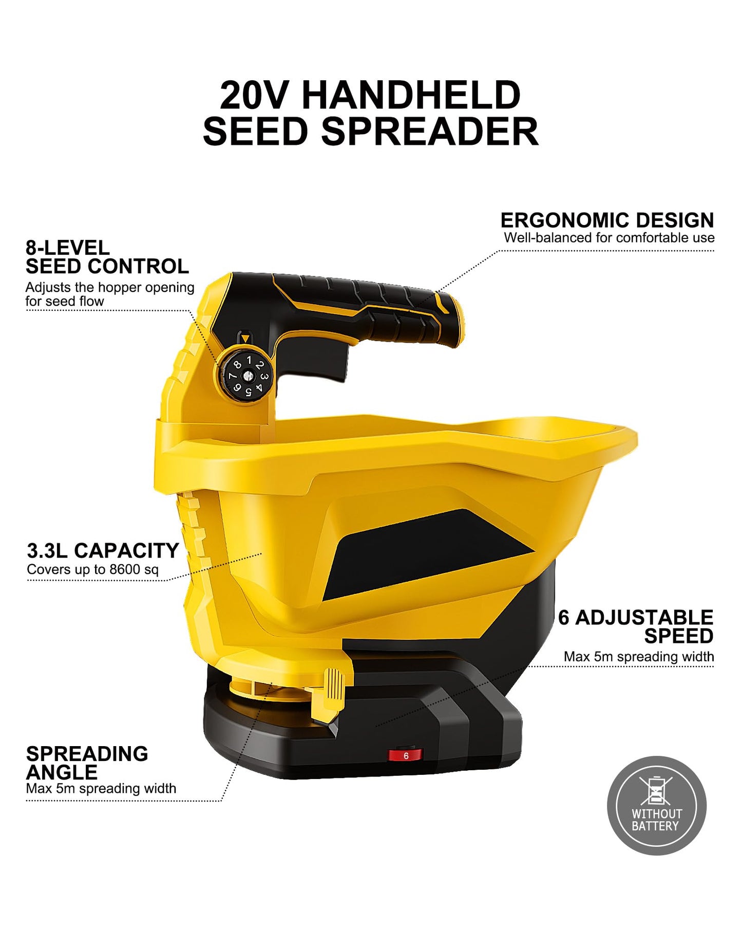 Handheld Power Seed Spreader Compatible with Dewalt 20V Battery(Tool Only), Cordless Salt Spreader Available Year-Round, Electric Lawn Spreaders for Grass Seeds, Rock Salt, Fertilizer, Feed