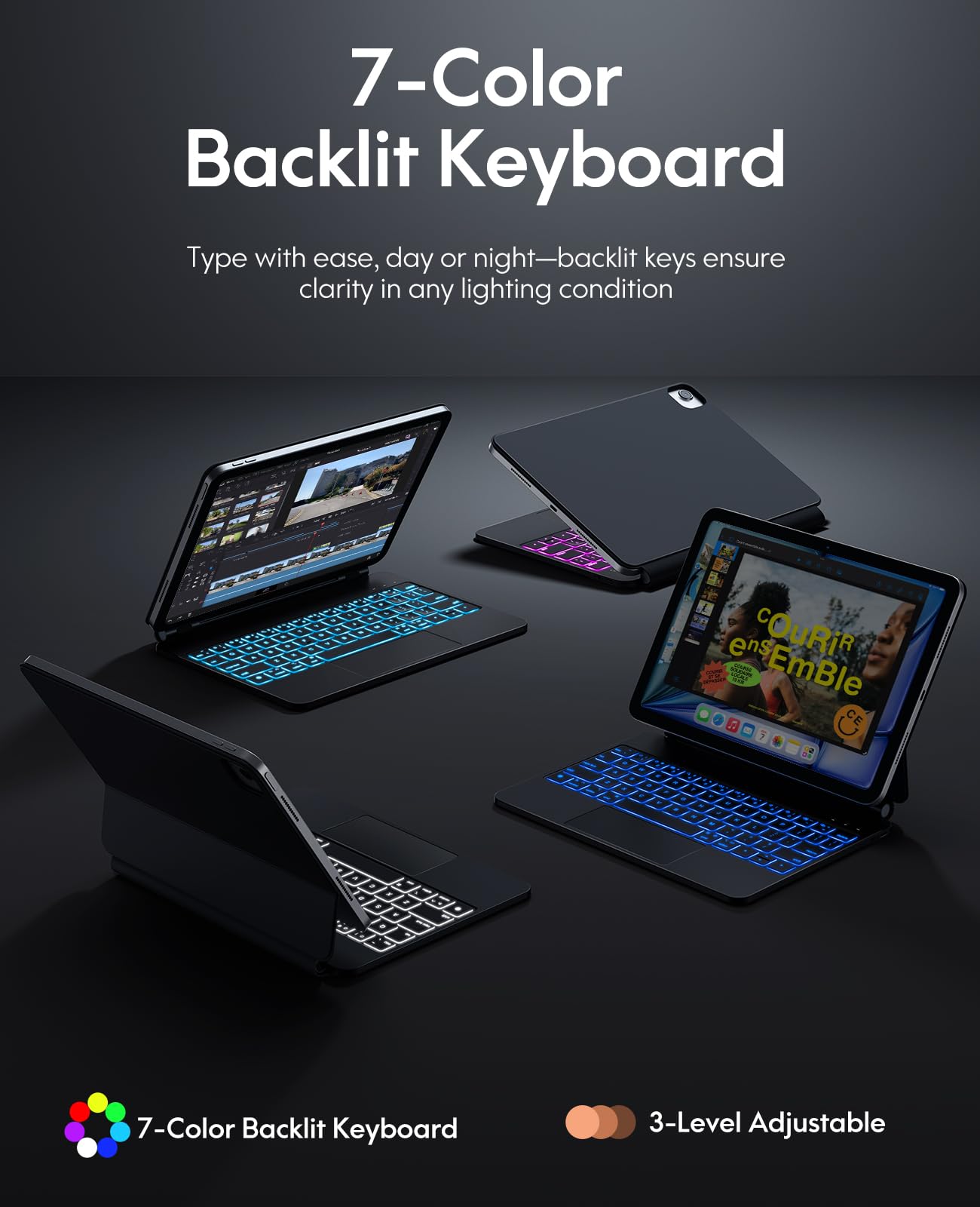 CHESONA for iPad Air 11 Inch Case with Keyboard (M3 2025/M2 2024), Floating Cantilever Stand, 7 Color Backlit, Smart Trackpad, Magic Keyboard for iPad Pro 11-inch 1/2/3/4th & iPad Air 4/5th Gen, Black