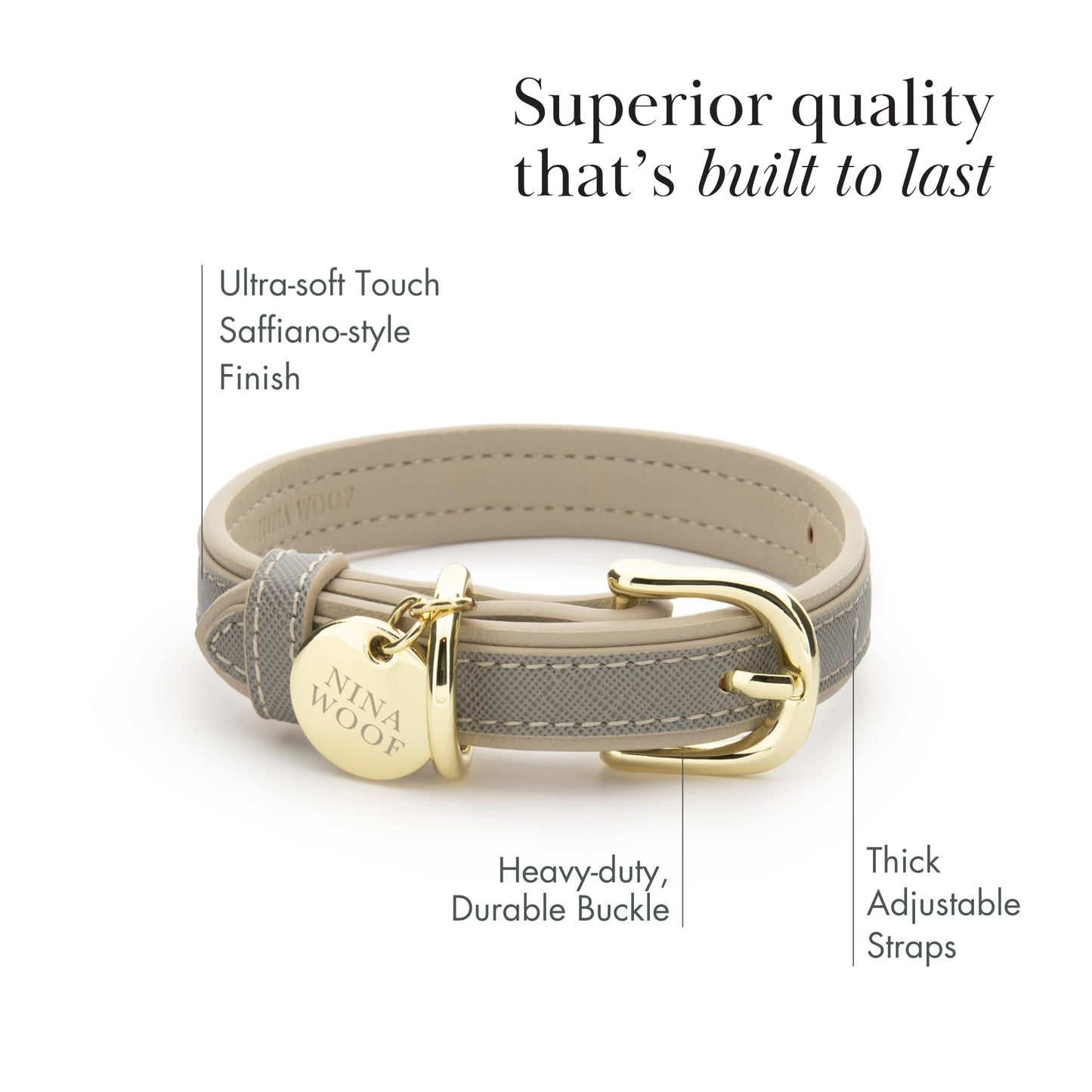 Nina Woof London Vegan Leather Dog Collar - Luxury Cute Adjustable Buckle Collar for Small to Large Dogs - Padded Grey Over Beige