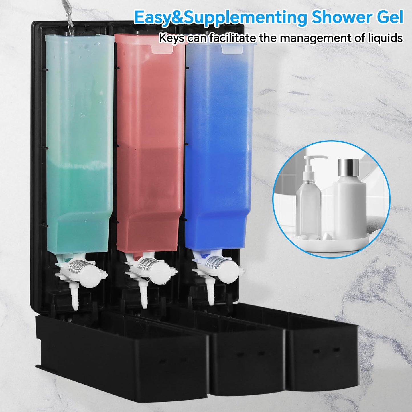 Volufia Shampoo and Conditioner Dispenser, Shower Soap Dispenser, Shower Dispenser 3 Chamber No Drill, Body Wash Dispenser Wall Mounted for Bathroom Hotel 3x400ML, Black