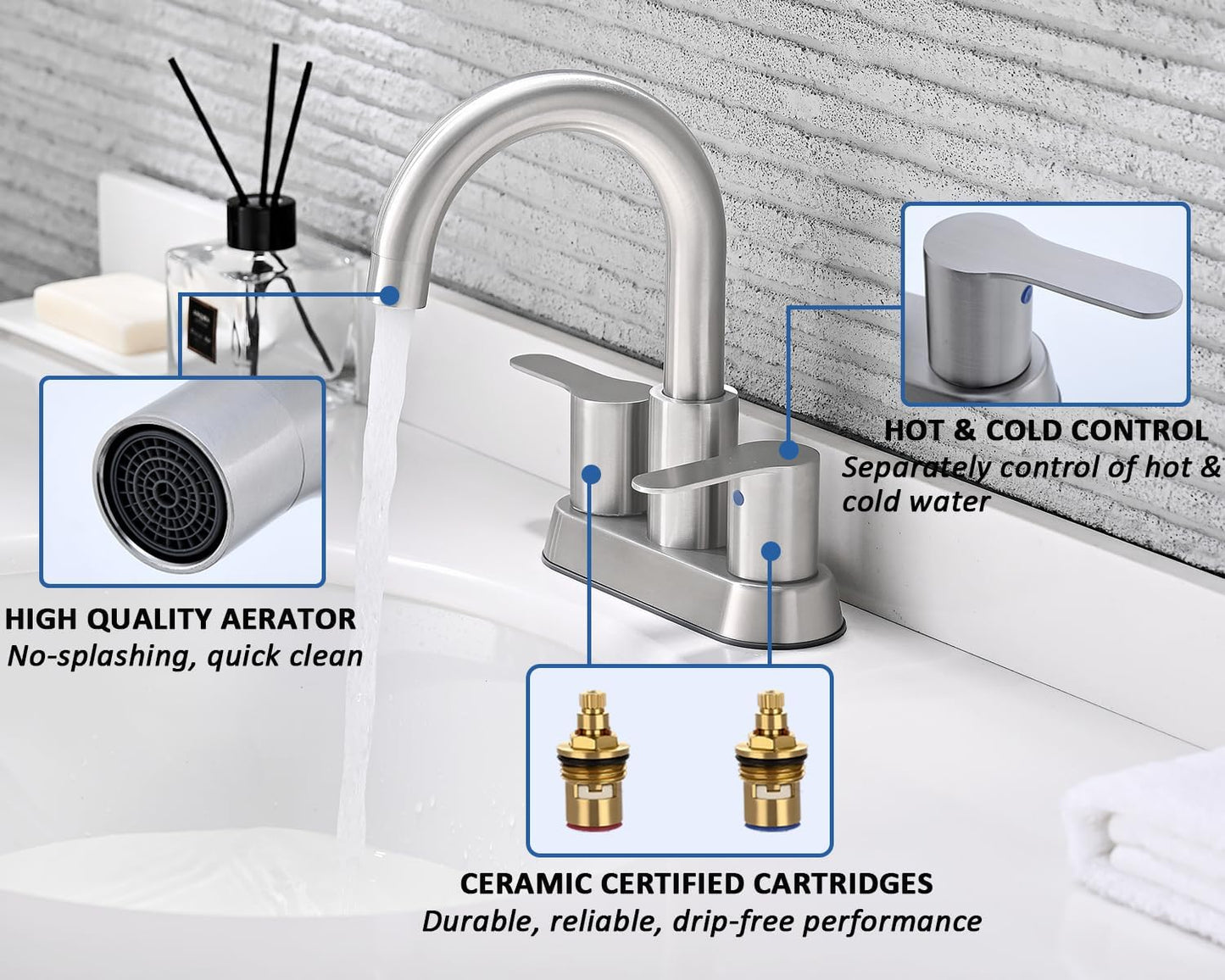 Brushed Nickel Bathroom Faucet, Two Handle Stainless Steel Bathroom Sink Faucet for 2 or 3 Hole, 4 inch Faucet Bathroom Sink with Pop Up Drain and Supply Line, RV Lavatory Vanity Sink Faucet, BF020L